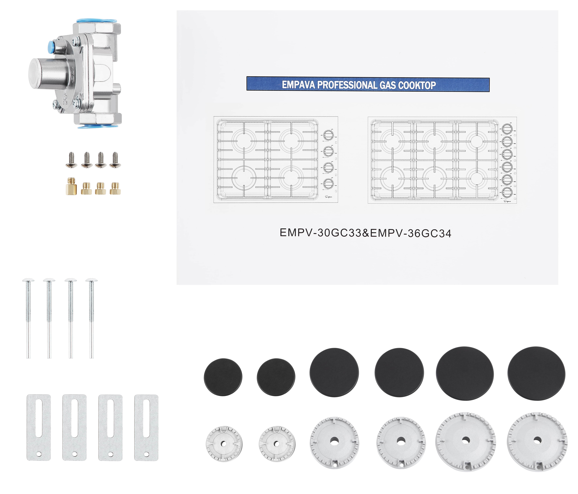 Image showing various components neatly arranged, including metal parts, screws, black circular pieces, and an instruction manual for the Empava 36 in. Built-in Gas Cooktop. The assembly elements for the LPG and NG energy sources cooktop with 5 burners are laid out for installation.