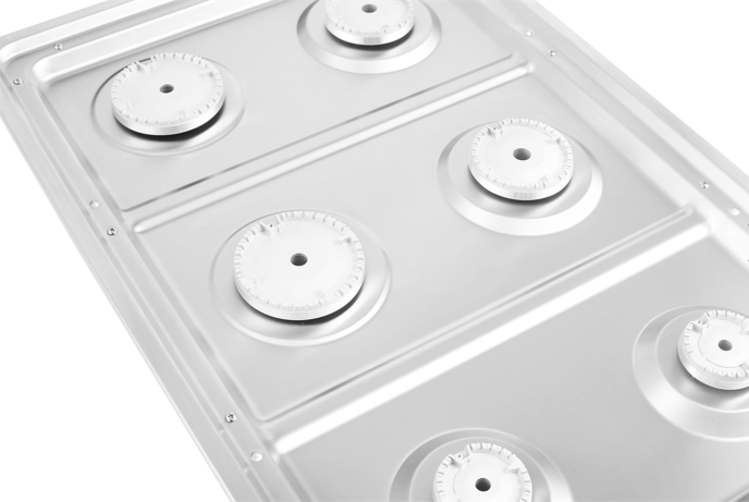 A close-up view of the Empava 36 in. Built-in Gas Cooktop, showcasing its stainless steel surface with five burners arranged in a rectangular layout. The clean and reflective surface highlights the smooth, modern design of this cooking appliance, which is compatible with both LPG and NG energy sources.