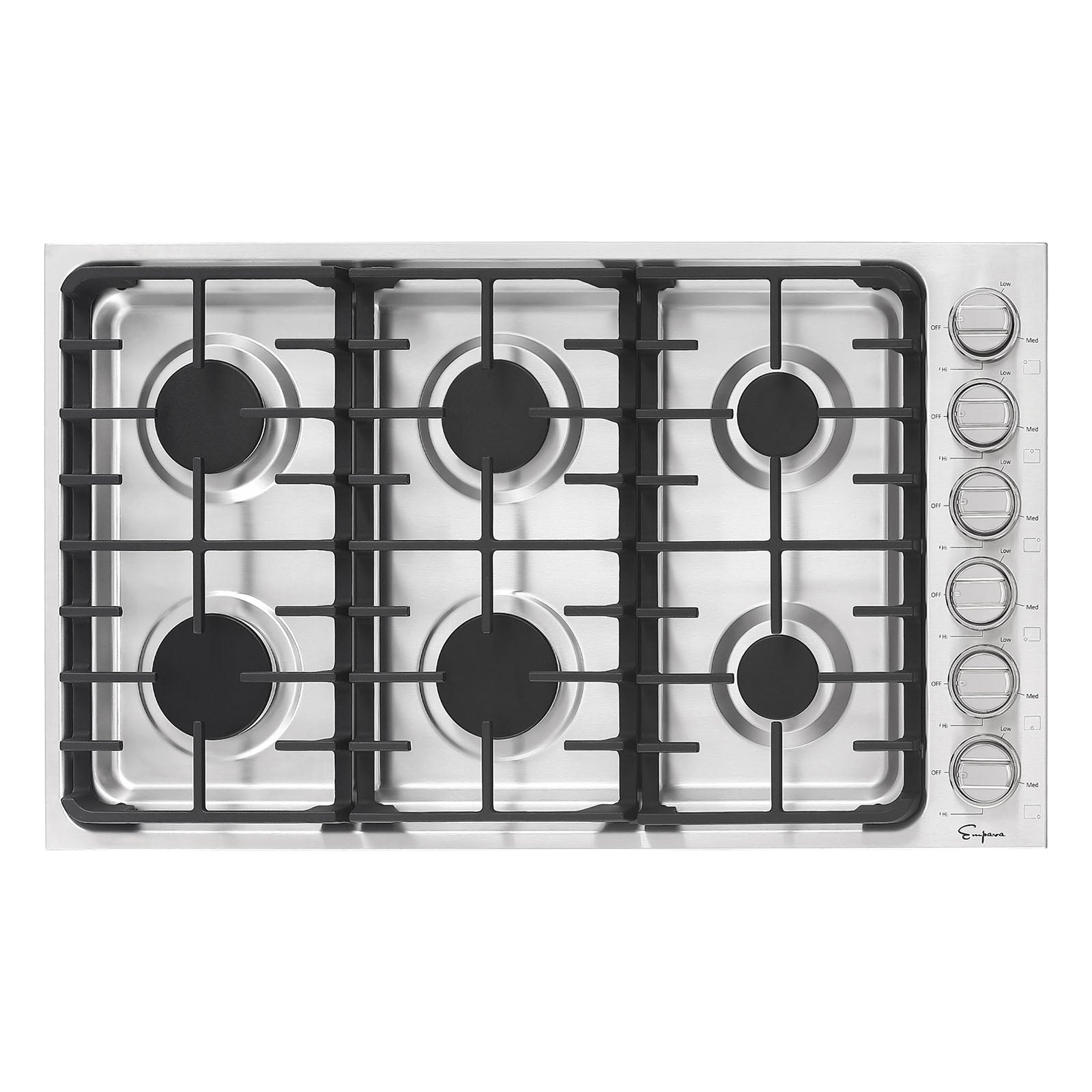 The Empava 36 in. Built-in Gas Cooktop features a stainless steel design with five burners arranged in two rows of three. Each burner is compatible with both LPG and NG energy sources and is covered by sturdy black cast iron grates. On the right side of the cooktop, six control knobs are aligned vertically for easy access.