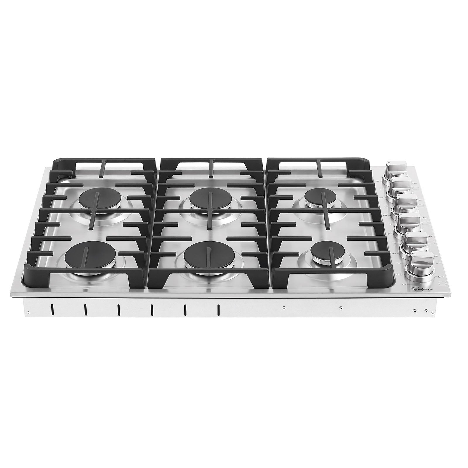 The Empava 36 in. Built-in Gas Cooktop is a stainless steel appliance with five burners, featuring black grates over each burner and six control knobs on the right side. Its sleek design and clean lines indicate it's a modern addition to any kitchen, compatible with both natural gas (NG) and liquid propane (LPG) sources.