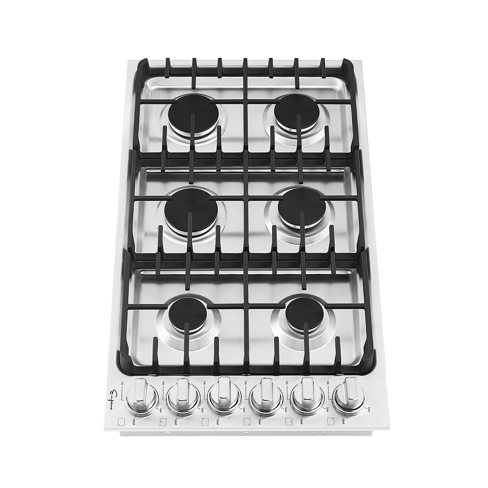 The Empava 36 in. Built-in Gas Cooktop is a versatile stainless steel appliance featuring 5 burners arranged in a 3x2 configuration, each covered by a black grate. It includes five control knobs on the front panel and supports both LPG and NG energy sources for added convenience.