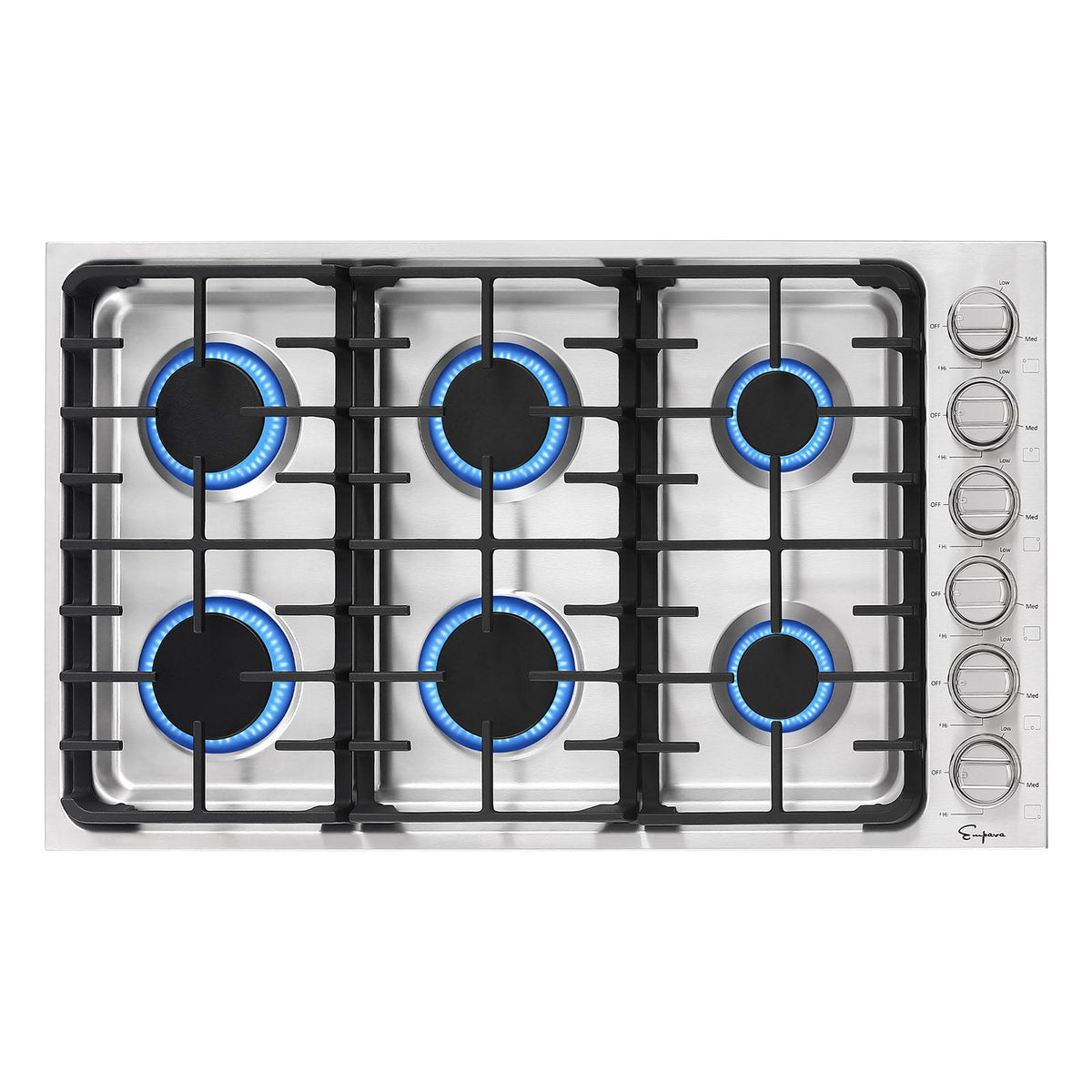 The Empava 36 in. Built-in Gas Cooktop is a stainless steel cooktop featuring five black burners, each powered by natural gas (NG) energy sources and surrounded by blue flames when lit. The cooktop is equipped with control knobs conveniently located on the right side.