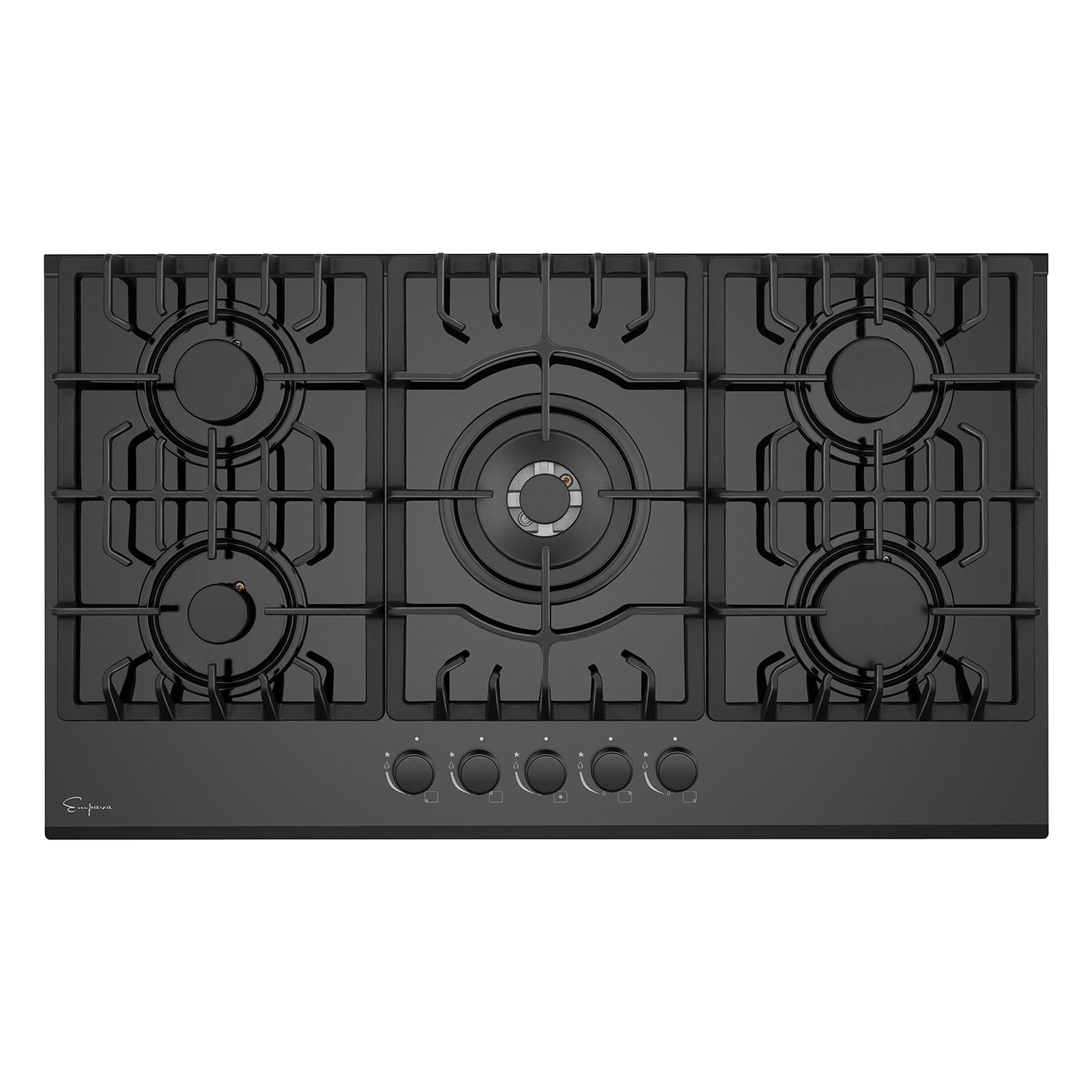 Top view of the Empava 36 in. Built-in Gas Cooktop, featuring a black surface with five LPG burners. The largest burner is centrally located, flanked by two smaller burners on each side. Below the burners are six control knobs for precise flame adjustment. The cooktop boasts a sleek, modern design.