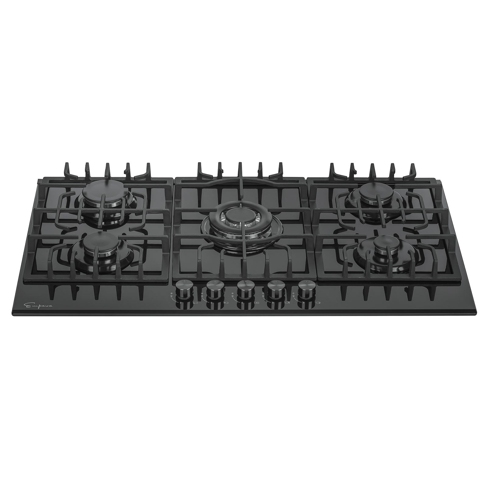 The Empava 36 in. Built-in Gas Cooktop is a sleek and modern black cooktop featuring five burners of various sizes arranged in a rectangular layout. The front middle burner is larger, and control knobs are evenly spaced below the burners. Compatible with both LPG and NG energy sources, it boasts sturdy metal grates for durable support.