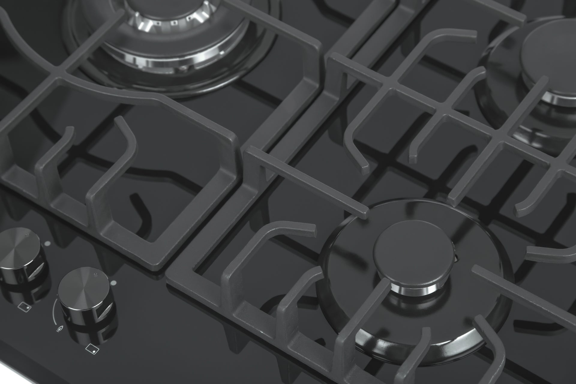 Close-up of the Empava 36 in. Built-in Gas Cooktops, a modern black gas cooktop with multiple burners designed for LPG and NG energy sources. The cooktop features metallic grates and control knobs situated on the left side, with a sleek and reflective surface that gives it a clean and contemporary appearance.