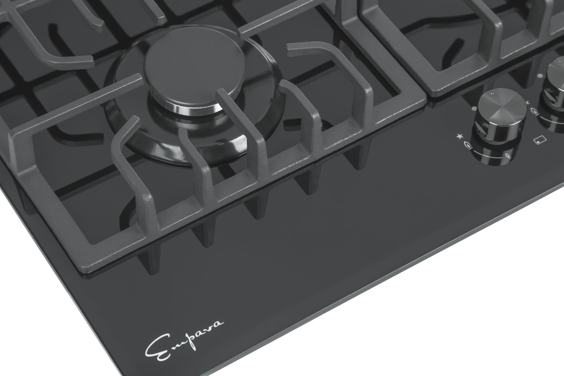 The Empava 36 in. Built-in Gas Cooktop features a sleek black glass surface, three LPG burners, and durable metal grates. The control knobs are conveniently located, and the bottom corner showcases the "Empava" logo.