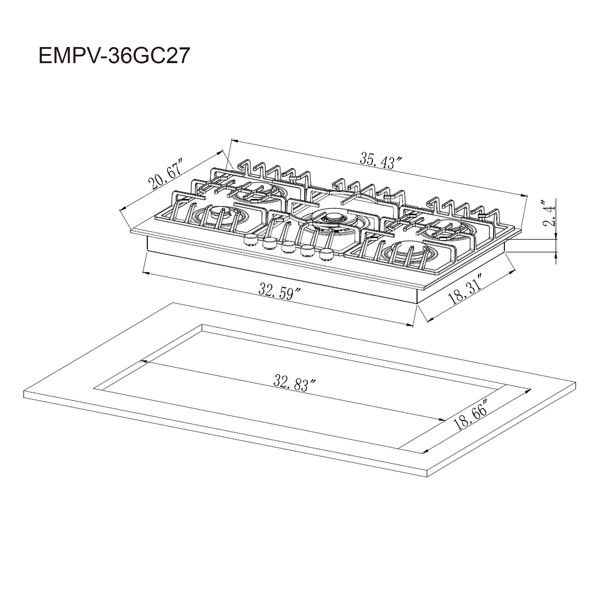 Line drawing of the Empava 36 in. Built-in Gas Cooktops showing dimensions. The cooktop, compatible with LPG and NG energy sources, is 35.43 inches wide, 20.66 inches deep, and 2.4 inches high. The cut-out dimensions are 32.83 inches wide and 18.66 inches deep. It features five burners with grates.
