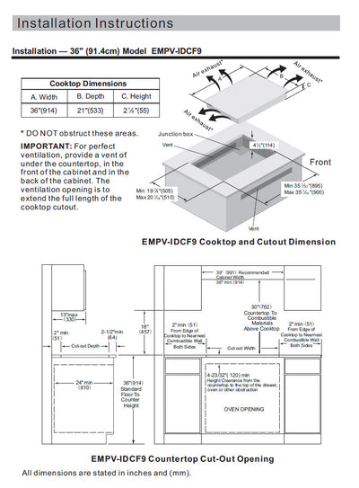 Installation instructions for the Empava 36 in Electric Stove Induction Cooktop featuring 3000W burners are included. The document encompasses diagrams of cooktop and cutout dimensions, with important notes on ventilation clearances under the countertop and over the venting hole opening. Dimensions are provided in inches and millimeters.
