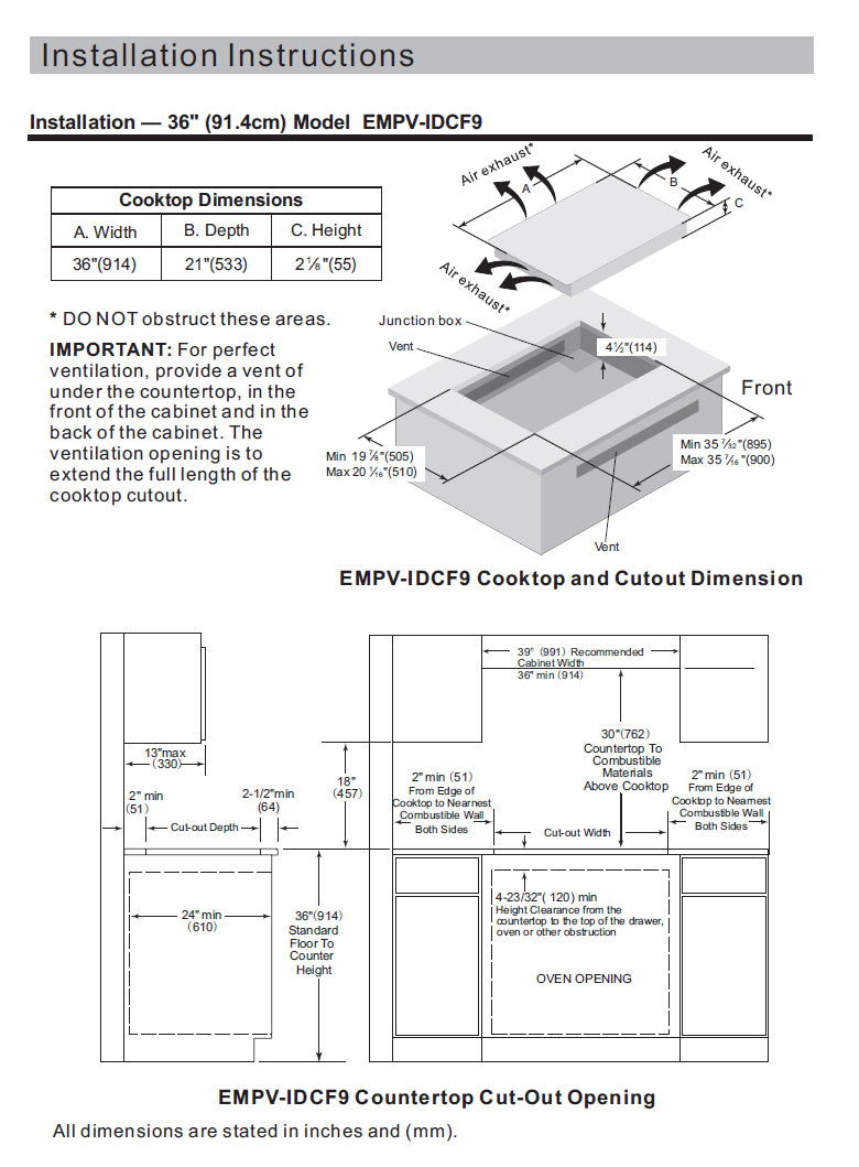 Installation instructions for the Empava 36 in Electric Stove Induction Cooktop featuring 3000W burners are included. The document encompasses diagrams of cooktop and cutout dimensions, with important notes on ventilation clearances under the countertop and over the venting hole opening. Dimensions are provided in inches and millimeters.