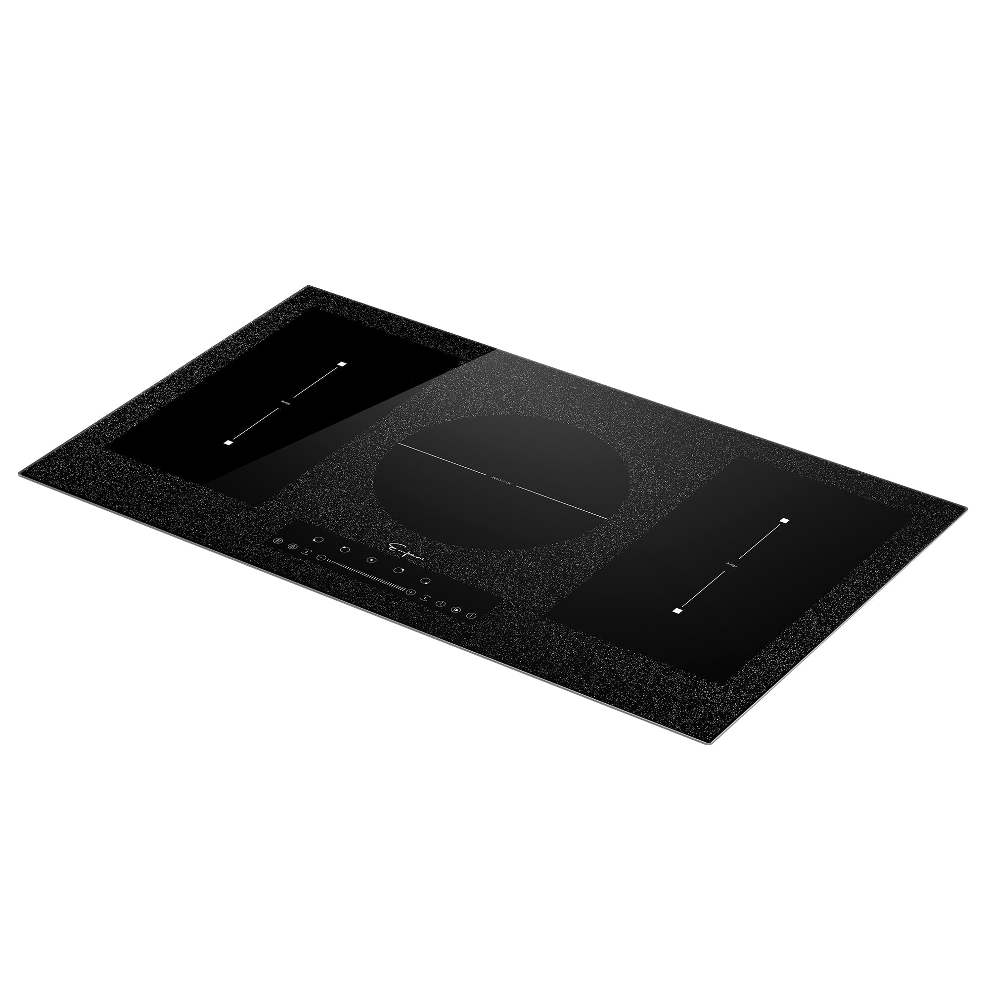 The Empava 36 in Electric Stove Induction Cooktop is a sleek black appliance featuring a minimalist design with three cooking zones. It includes a larger, circular central zone and two rectangular zones that each provide up to 3000W of power. The touch control panel is conveniently positioned along the bottom edge, next to a discrete venting hole.