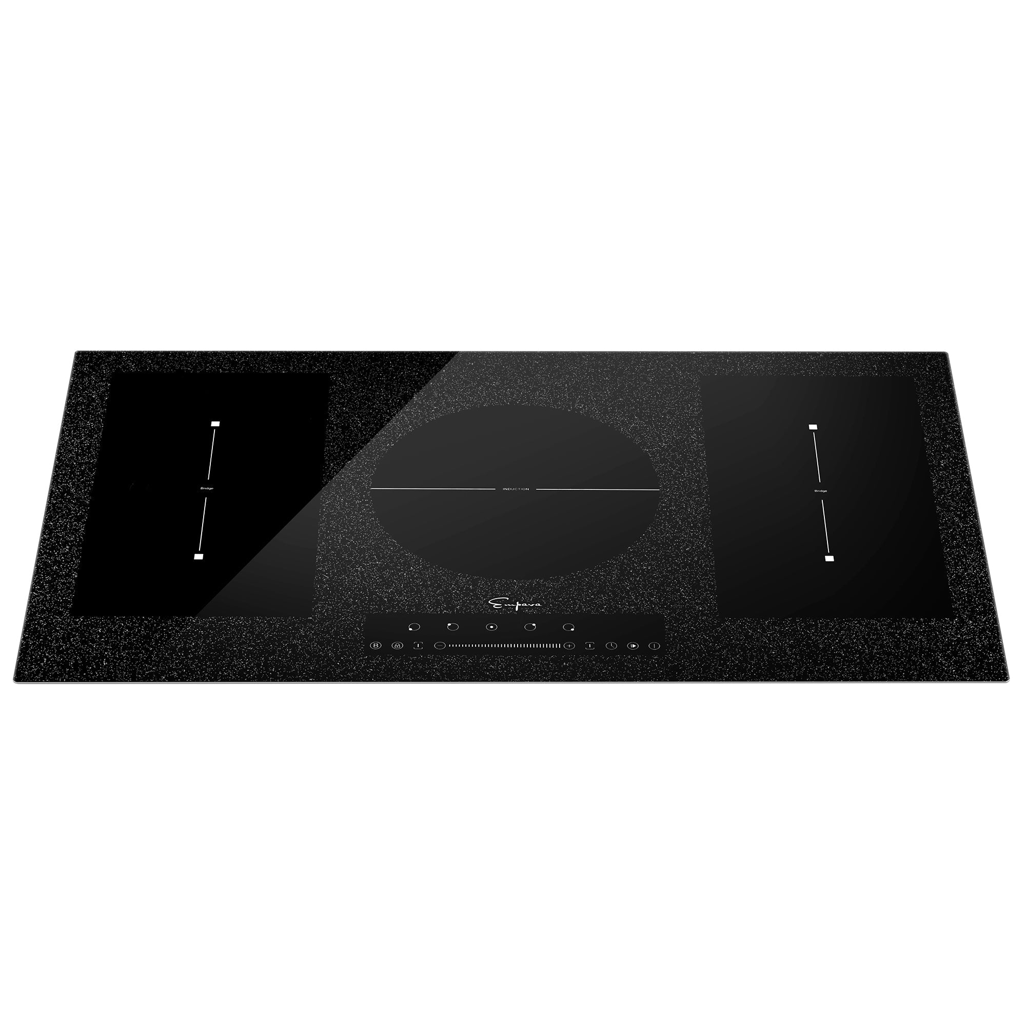 The Empava 36 in Electric Stove Induction Cooktop is a sleek, black appliance boasting a modern, minimalist design with a powerful 3000W output. It features four cooking zones with centrally located touch controls, a speckled surface texture, and each zone is clearly marked with white lines and symbols.