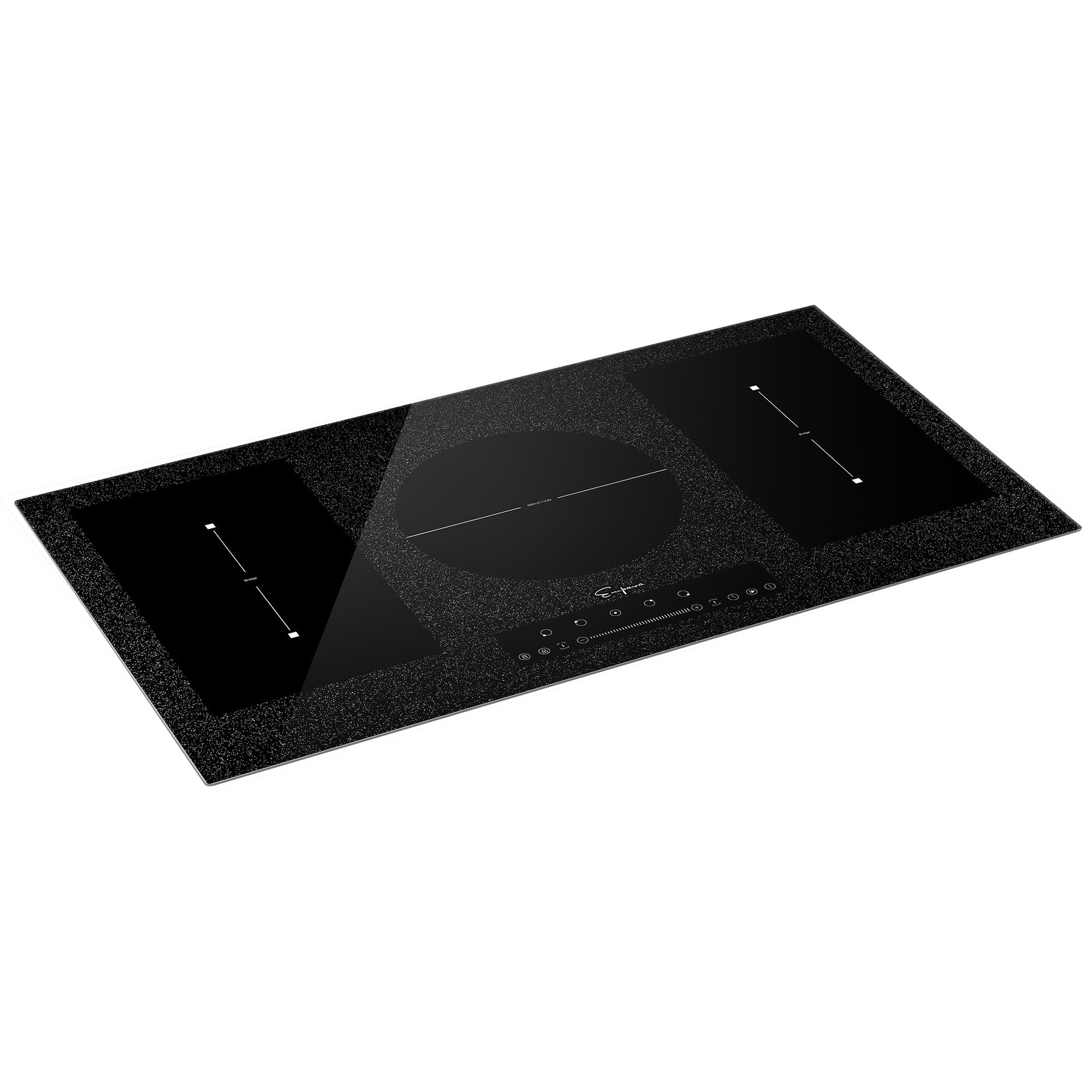 The Empava 36 in Electric Stove Induction Cooktop is a black, modern, built-in appliance featuring three induction cooking zones and a central control panel with touch-sensitive buttons and a digital display. This 3000W unit boasts a sleek rectangular design with a speckled finish and venting holes for efficient cooling.