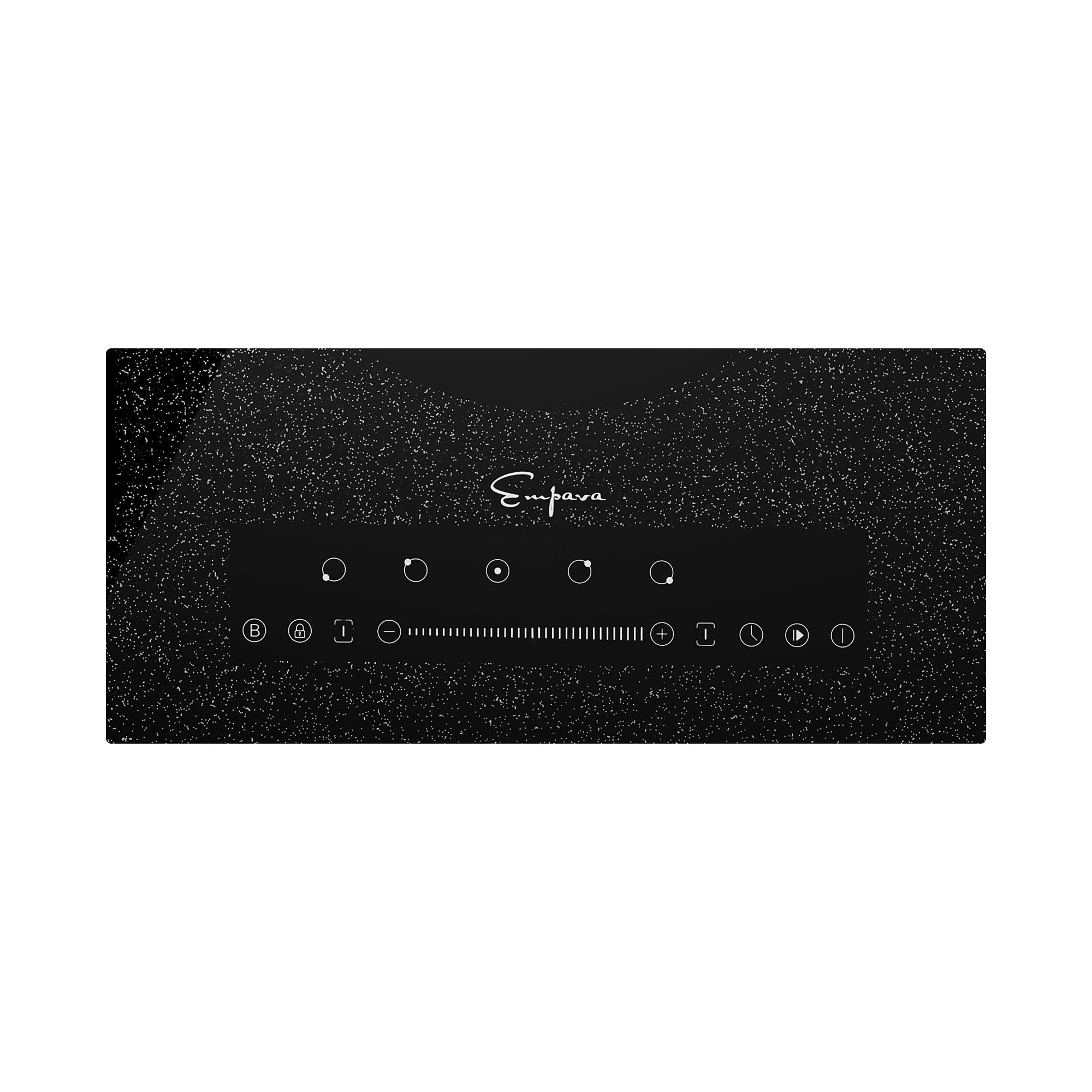 The Empava 36 in Electric Stove Induction Cooktop boasts a sleek, black design with a touch control interface. Centered at the top is the Empava logo. The control panel includes various cooking icons, burner settings, a circular touch slider for temperature adjustment, and a digital display.