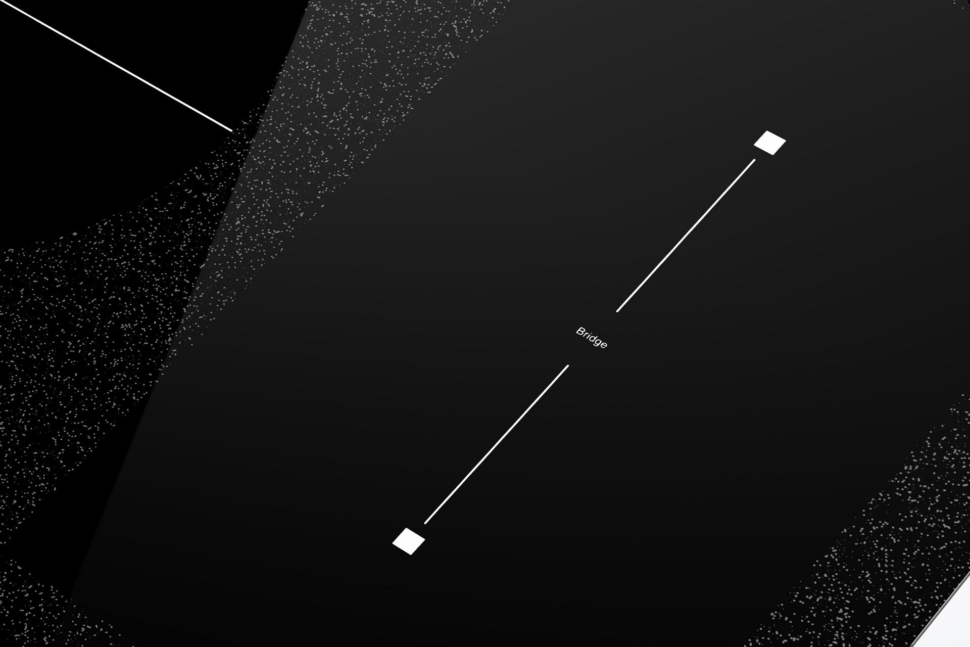 A minimalist black and white digital artwork, titled "Empava 36 in Electric Stove Induction Cooktop," features two small white squares connected by a thin white line labeled "Bridge." The background, reminiscent of a celestial expanse, has a gradient effect with scattered white specks creating a starry atmosphere, subtly including elements inspired by burners in the design.