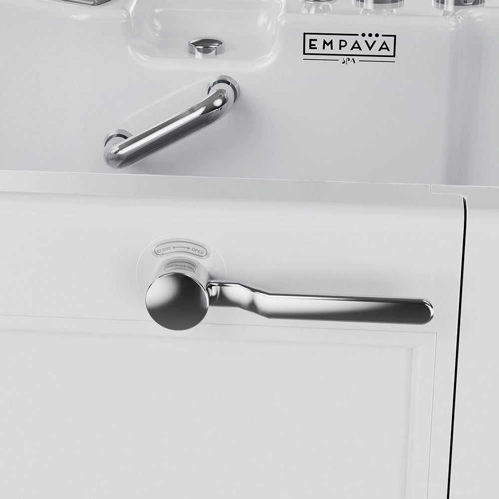 Close-up of an Empava 54" Alcove Inline Heater Whirlpool Walk-in Tub 2.0, upgraded with a right drain, showcasing a door equipped with a sleek, metallic handle and secure locking mechanism. Inside the tub is a safety grab bar for added convenience.