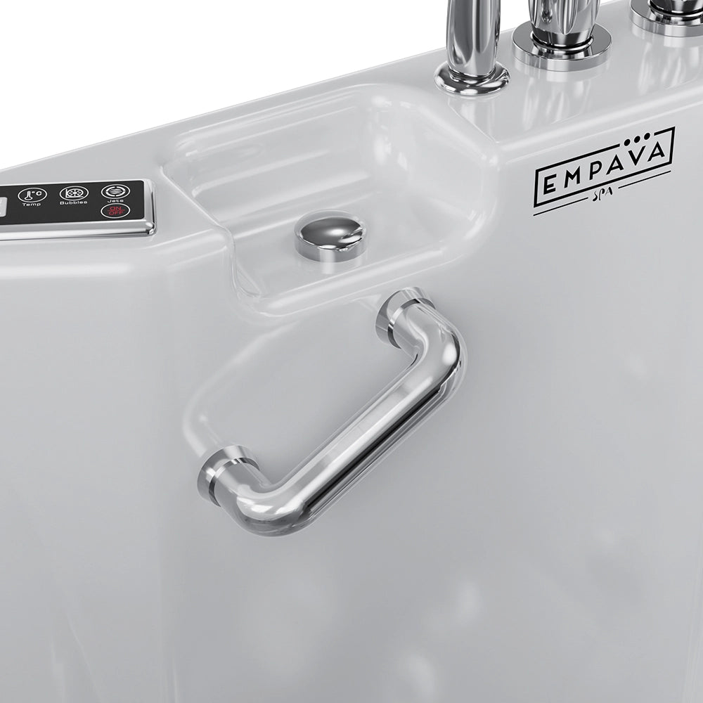 A close-up image of a 54" Alcove Inline Heater Whirlpool Walk-in Tub 2.0, upgraded with a right drain. The image shows the tub's control panel with buttons, a drain, and a metal grab bar. The Empava logo is visible on the right side of the tub. The surface appears sleek and glossy.