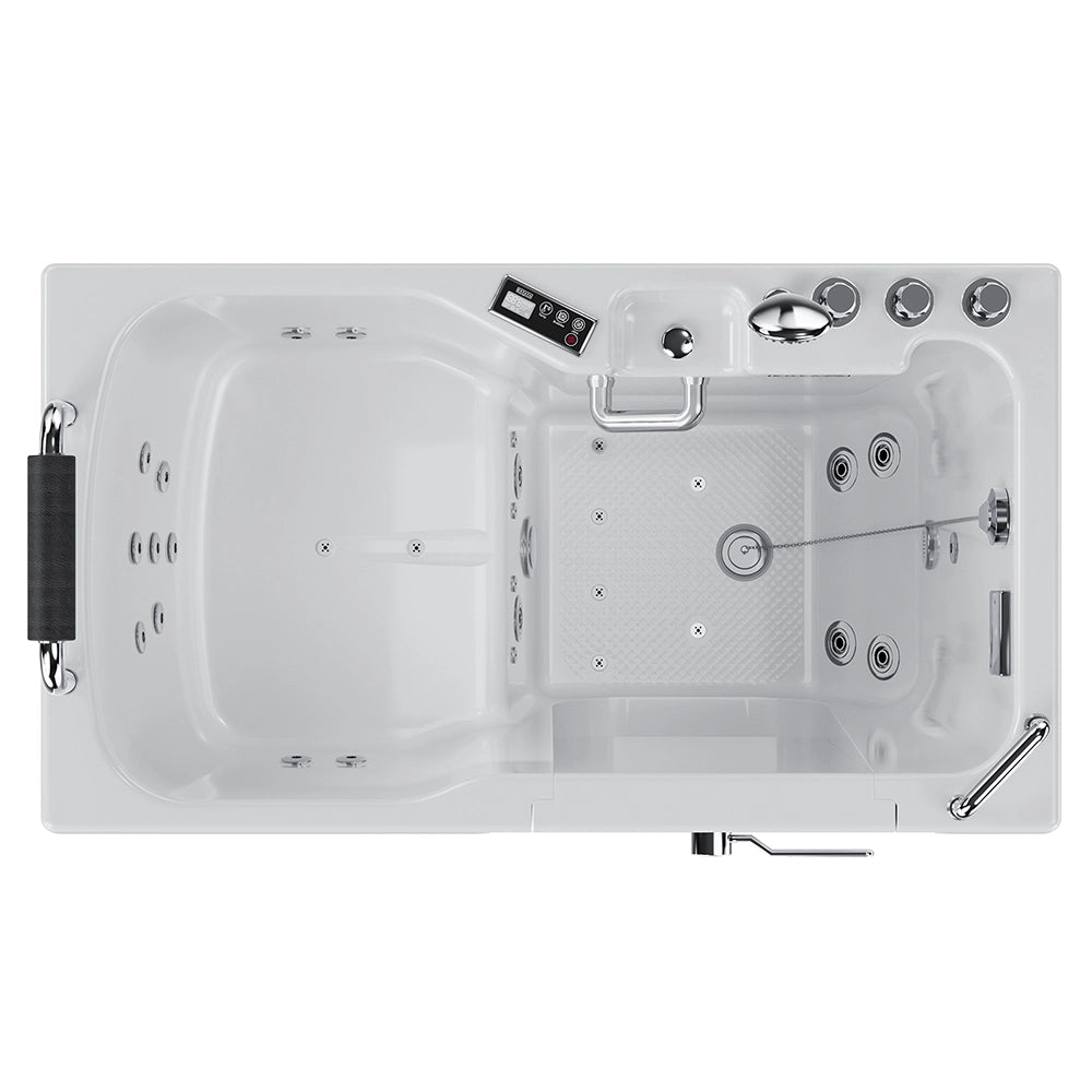 Top view of the 54" Alcove Inline Heater Whirlpool Walk-in Tub 2.0 Upgraded with Right Drain, showcasing its rectangular shape and various features like multiple jets, a handrail, a black cushion on one side, and control buttons and knobs along the rim. The interior surface has a textured foot area.