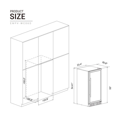 A technical drawing of the Empava 55" Tall Dual Zone 100 Bottle Wine Fridge, highlighting its dual temperature zones. The dimensions are 26.8" depth, 23.4" width, and 55" height. Installation requires a space of 65.2" height, 23.6" width, and 26.8" depth to prevent wine oxidization effectively.
