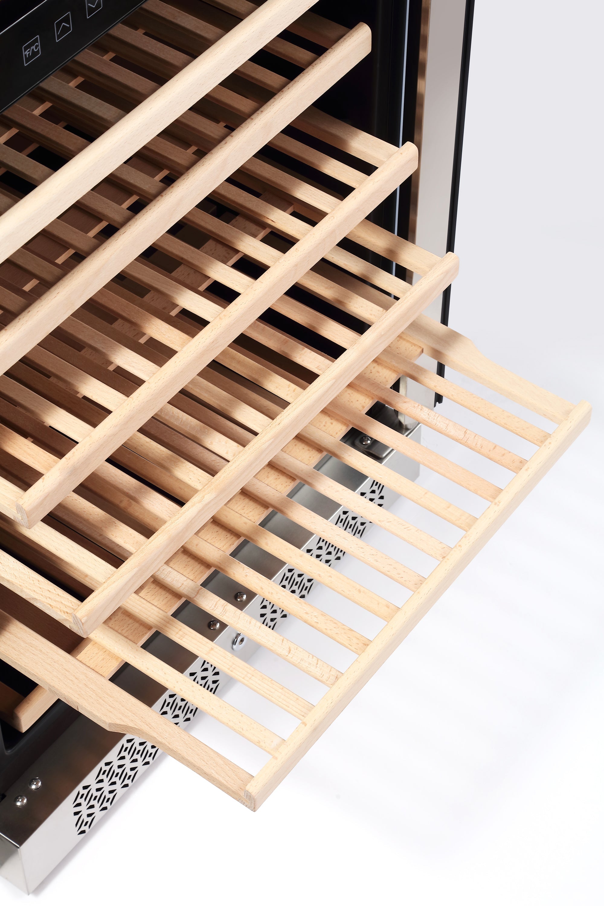 A close-up view of the wooden wine racks inside the Empava 55" Tall Dual Zone 100 Bottle Wine Fridge. The light-colored wood racks are partially extended, showcasing their slatted design. The sleek, modern appliance features dual temperature zones to prevent wine oxidation in the background.