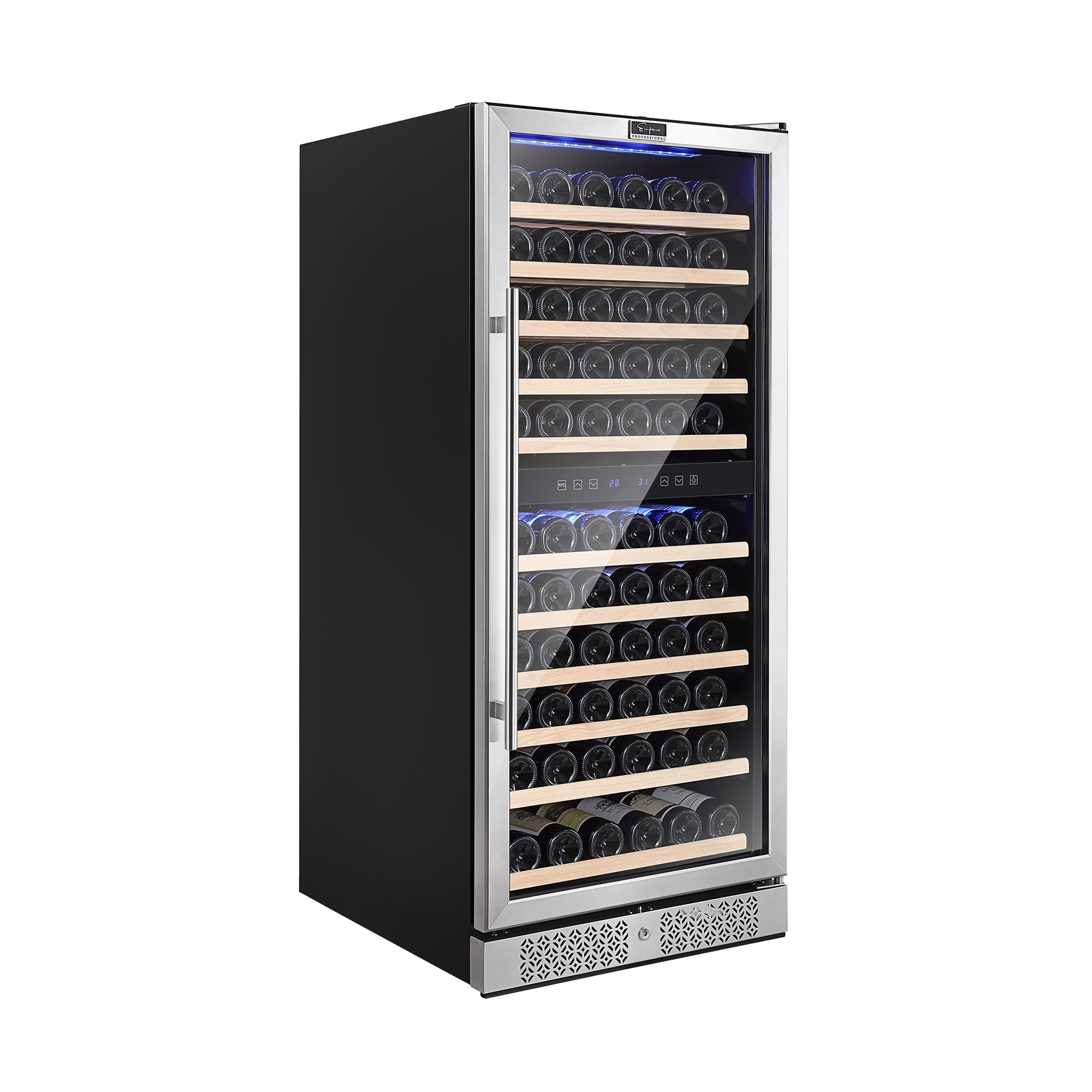 The Empava 55" Tall Dual Zone 100 Bottle Wine Fridge, made of sleek stainless steel with a transparent glass door, showcases multiple rows of wooden shelves that neatly hold wine bottles. With dual zones for optimal storage and an interior illuminated by soft, blue LED lights, this sophisticated cooler also features a vented bottom section for efficient airflow.