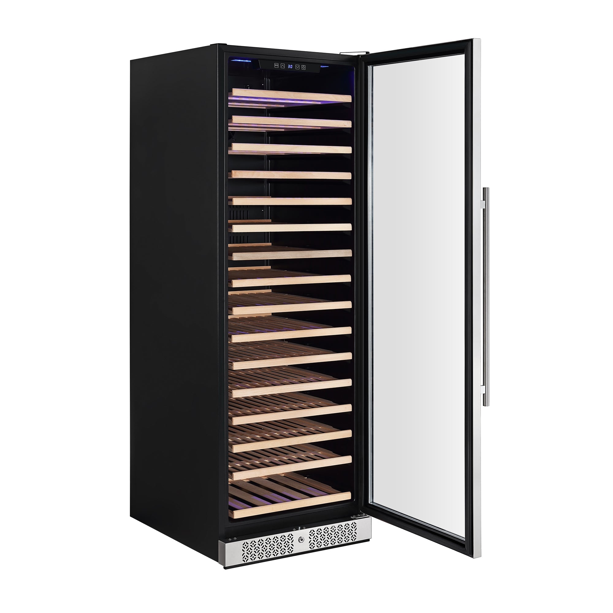 The Empava Wine Cooler 70" Tall Wine Fridge, featuring a black exterior and an open glass door, reveals multiple wooden shelves inside. The top's illuminated digital control panel displays temperature settings. With its sleek design, silver handle, and bottom vent, this wine fridge offers an enormous capacity for your collection.