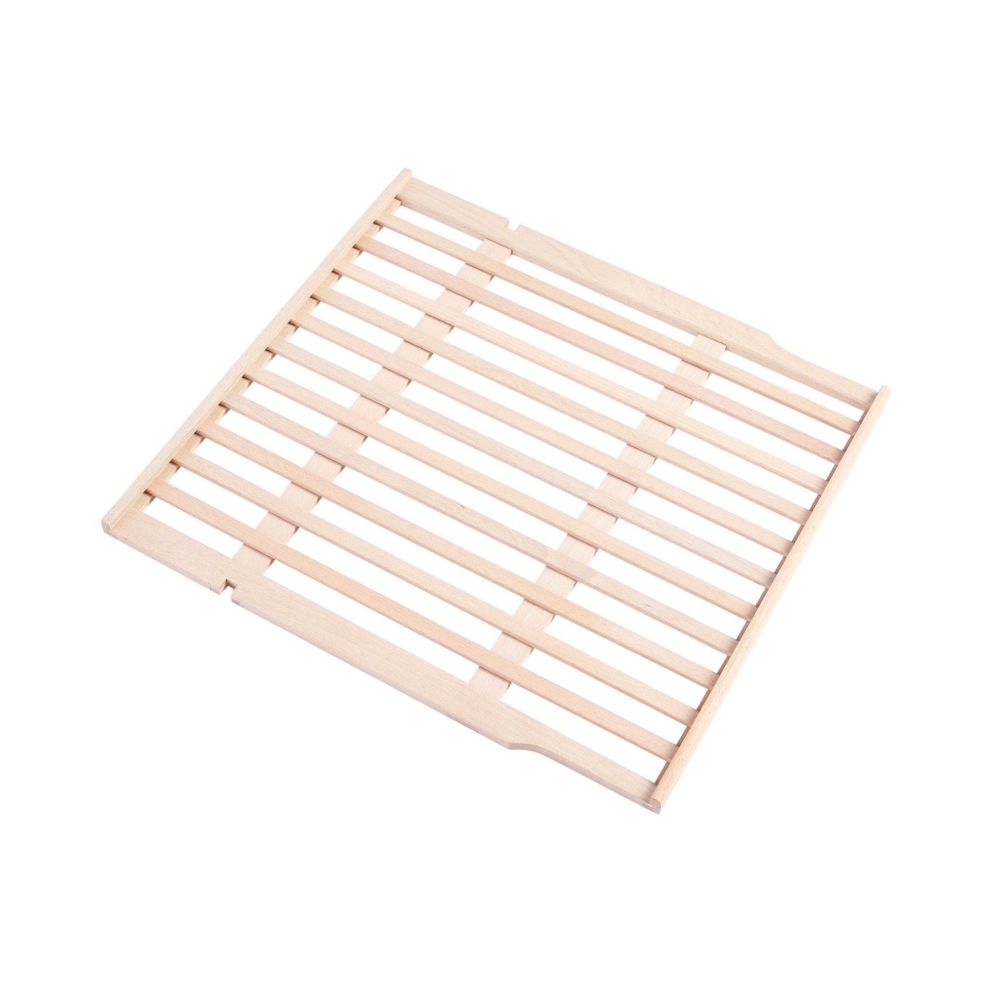 A trivet designed with evenly spaced, parallel wooden slats in a square shape, crafted from light-colored wood and featuring two cut-out handles on opposite sides for easy lifting and improved temperature control. 
