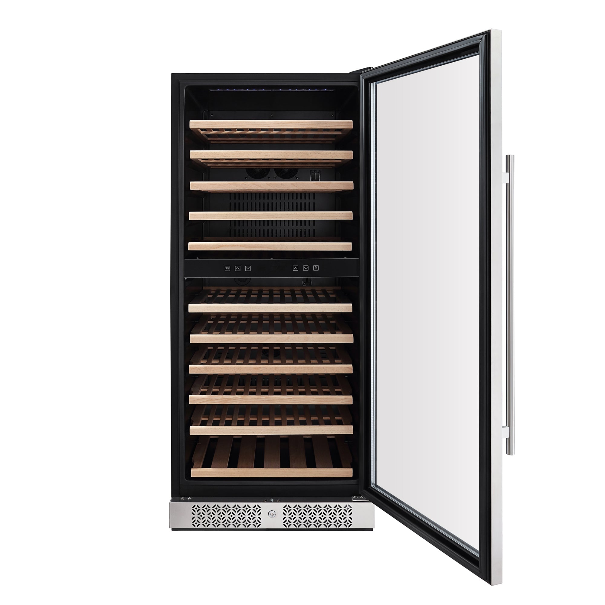 The Empava 55" Tall Dual Zone 100 Bottle Wine Fridge features an open design with a stainless steel frame and wooden shelving. It includes multiple shelves for bottle storage, dual temperature zones controlled via a digital control panel in the middle, and a glass door with a stainless steel handle. Visible at the bottom are ventilation grilles for optimal airflow.