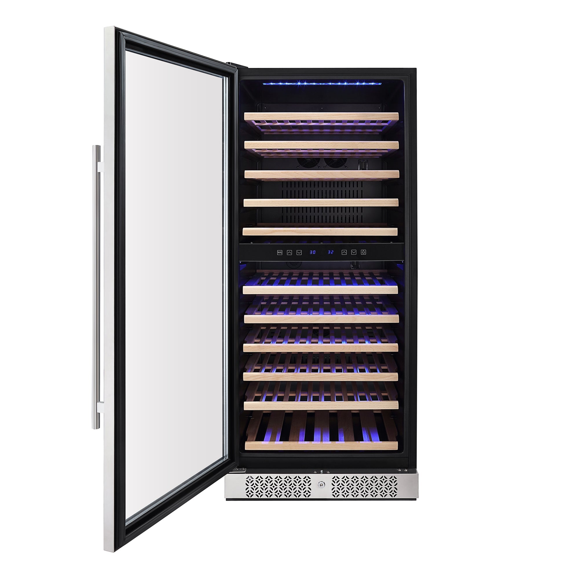 The Empava 55" Tall Dual Zone 100 Bottle Wine Fridge showcases an open wine cooler design with a glass door and stainless steel frame, multiple wooden shelves illuminated by blue LED lights, and dual temperature zones to store and chill wine bottles, effectively preventing wine oxidization.