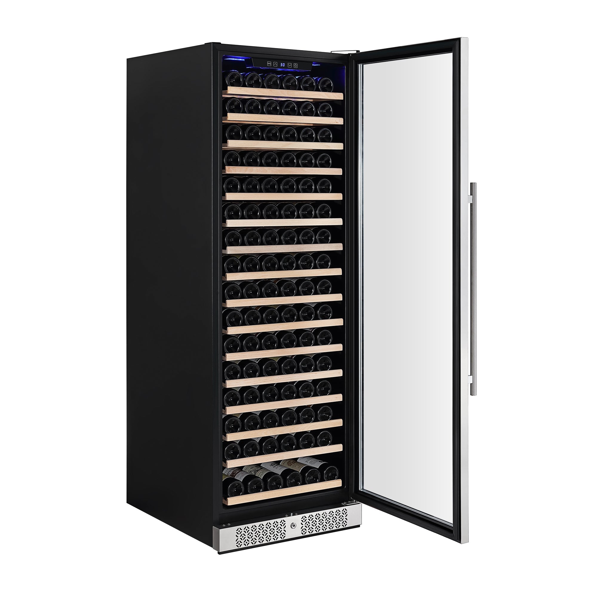 The Empava Wine Cooler 70" Tall Wine Fridge, featuring a sleek black exterior with a glass door, is open to reveal multiple wooden shelves stocked with wine bottles. The digital temperature control panel is clearly visible at the top of the unit. Offering an enormous capacity and sleek, modern design, this fridge boasts movable racks for flexible storage.