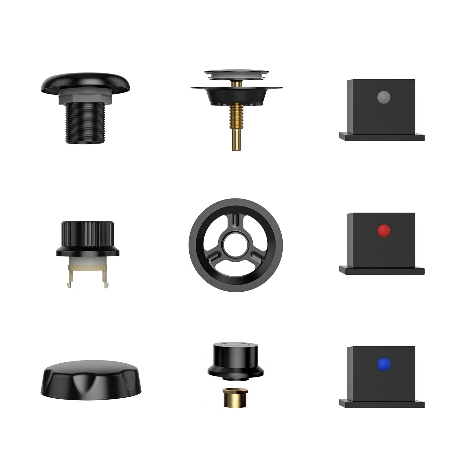 A 3x3 grid of various black mechanical components related to the Bathtub Faucet Fixtures For EMPV-59JT408LED Whirlpool Tub is displayed on a white background. The parts include knobs, switches, and small hardware pieces in different shapes and designs. Some feature colored indicators in red and blue, reflecting Empava's meticulous attention to detail in their product design.