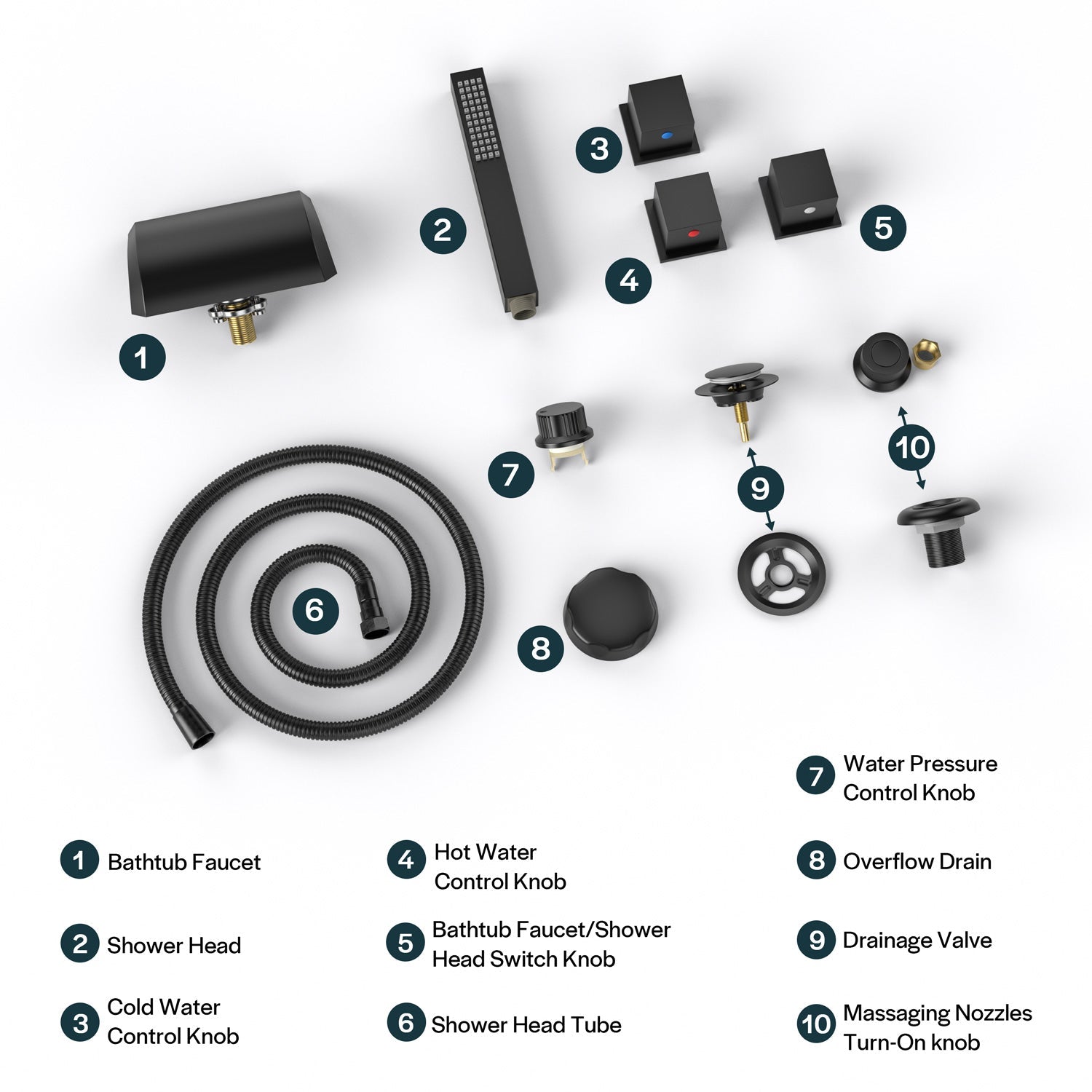 An image showing disassembled components of the Bathtub Faucet Fixtures For EMPV-59JT408LED Whirlpool Tub against a plain background. Parts include a faucet, shower head, control knobs, shower head tube, and additional fittings. Each part is numbered and labeled with its function.