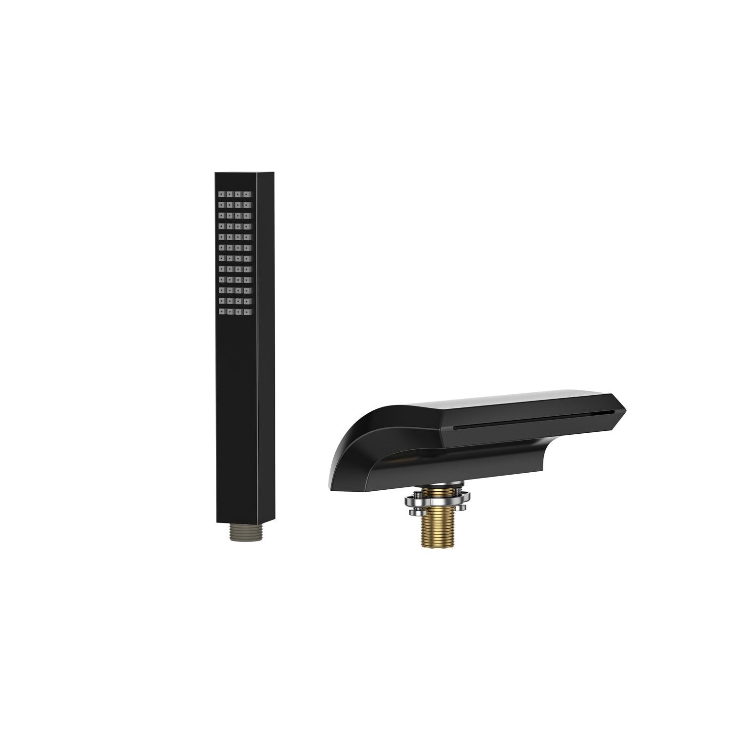 The image shows a glossy black Bathtub Faucet Fixtures for the EMPV-59JT408LED Whirlpool Tub, featuring a handheld shower head with a geometric design and a matching wall-mounted shower faucet spout. Both components showcase modern, angular styles with brass fittings for installation. The background is completely white.