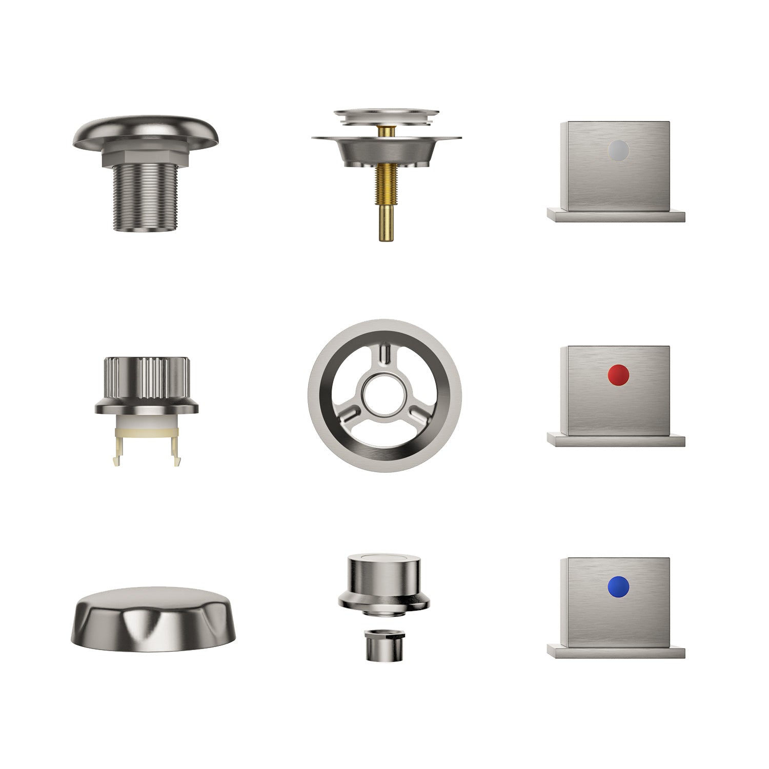 A collection of metallic bathroom and plumbing fixtures, arranged in a grid against a white background. The set includes knobs, screws, a circular drain cover, two square buttons—one with a red dot and one with a blue dot—and a cylindrical part from the Bathtub Faucet Fixtures for EMPV-59JT408LED Whirlpool Tub by Empava.