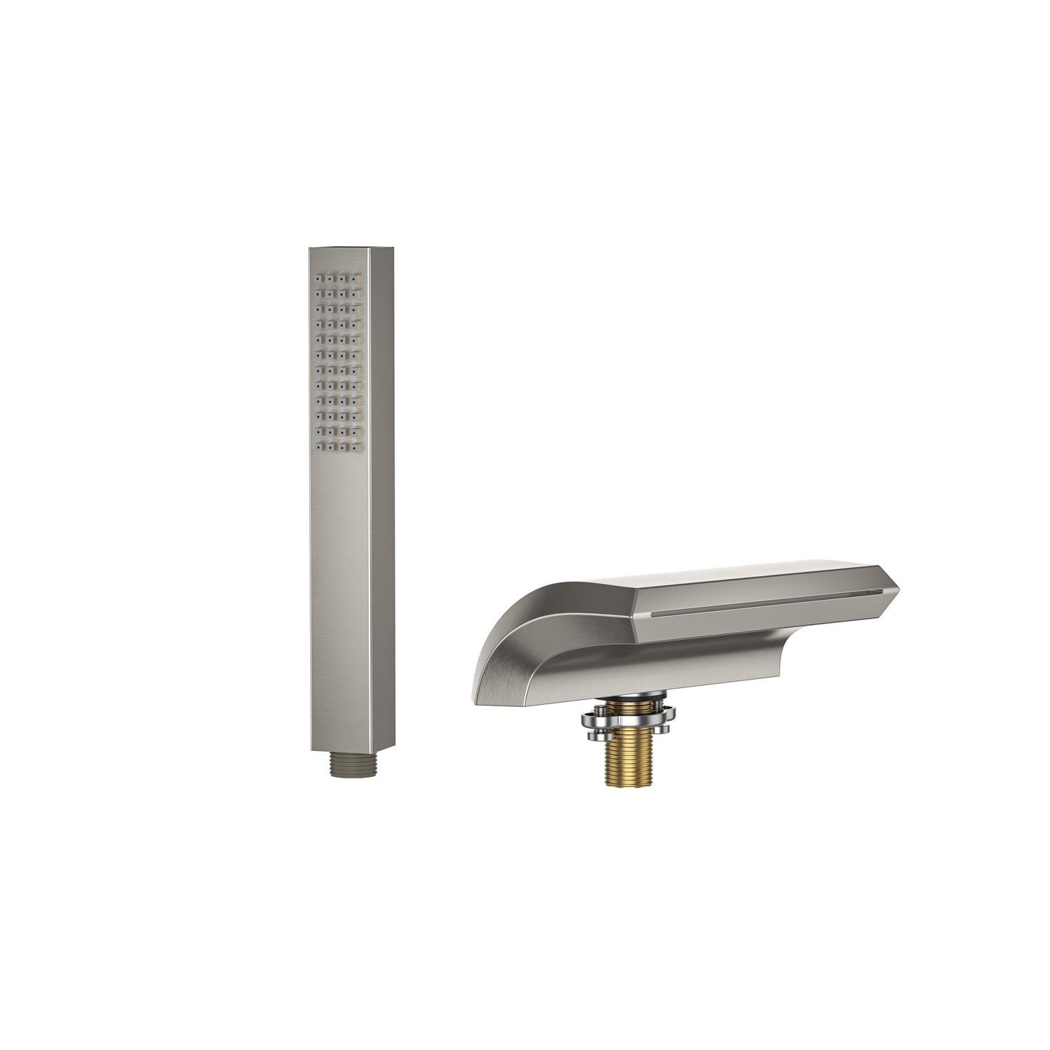 Experience a sleek, modern bathtub filler and handheld shower set with the Bathtub Faucet Fixtures for EMPV-59JT408LED Whirlpool Tub by Empava. This set features a brushed nickel finish, a minimalist rectangular spout on the bathtub filler, and an elegant handheld showerhead with a slim, elongated rectangle design and evenly spaced spray nozzles.