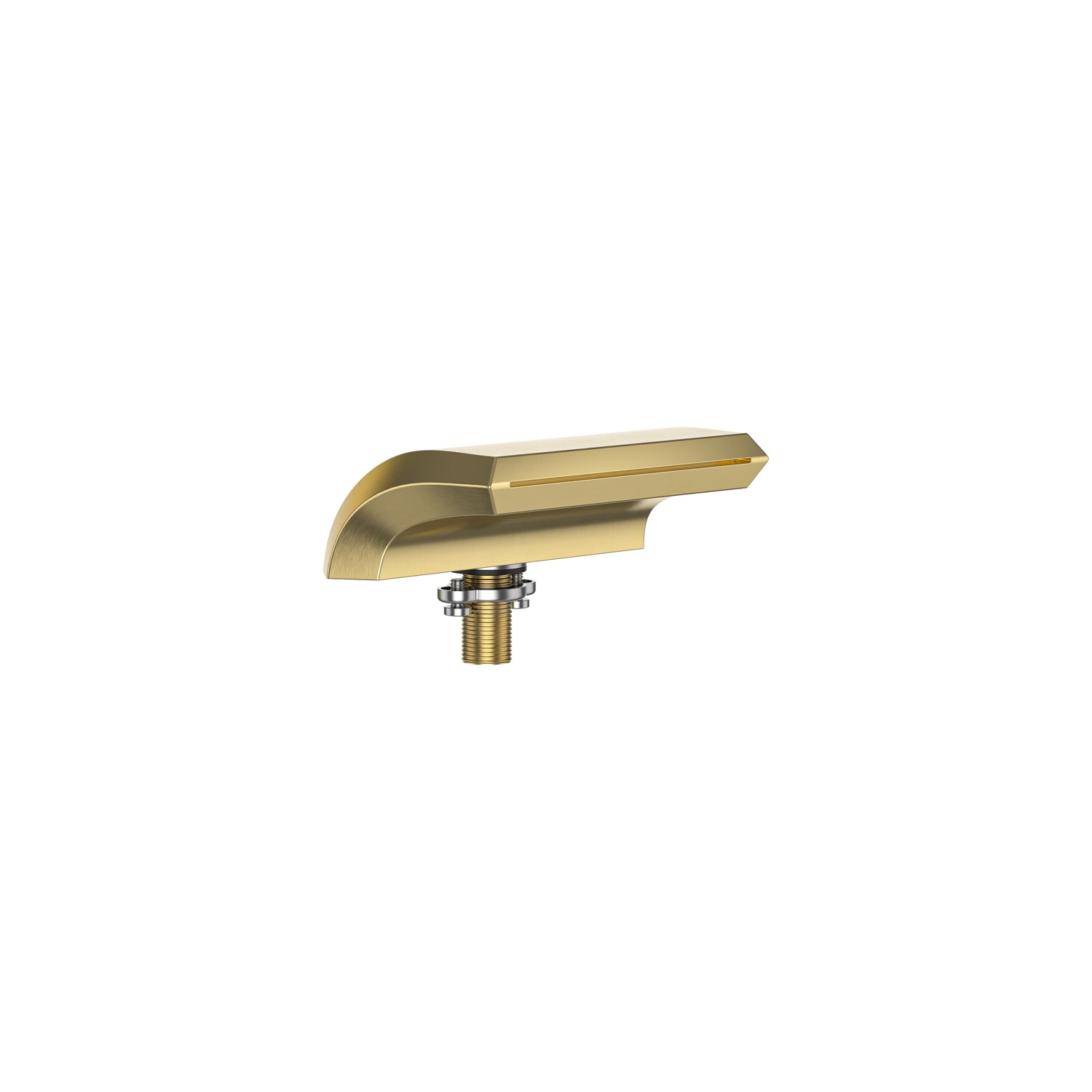 Introducing the Bathtub Faucet Fixtures for EMPV-59JT408LED Whirlpool Tub, a sleek gold-colored spout featuring a modern, angular design. This elegant faucet has a single connecting pipe at the bottom complete with a mounting mechanism, making it ideal for installation in both bathroom and kitchen sinks. Its overall contemporary look exudes style and sophistication.