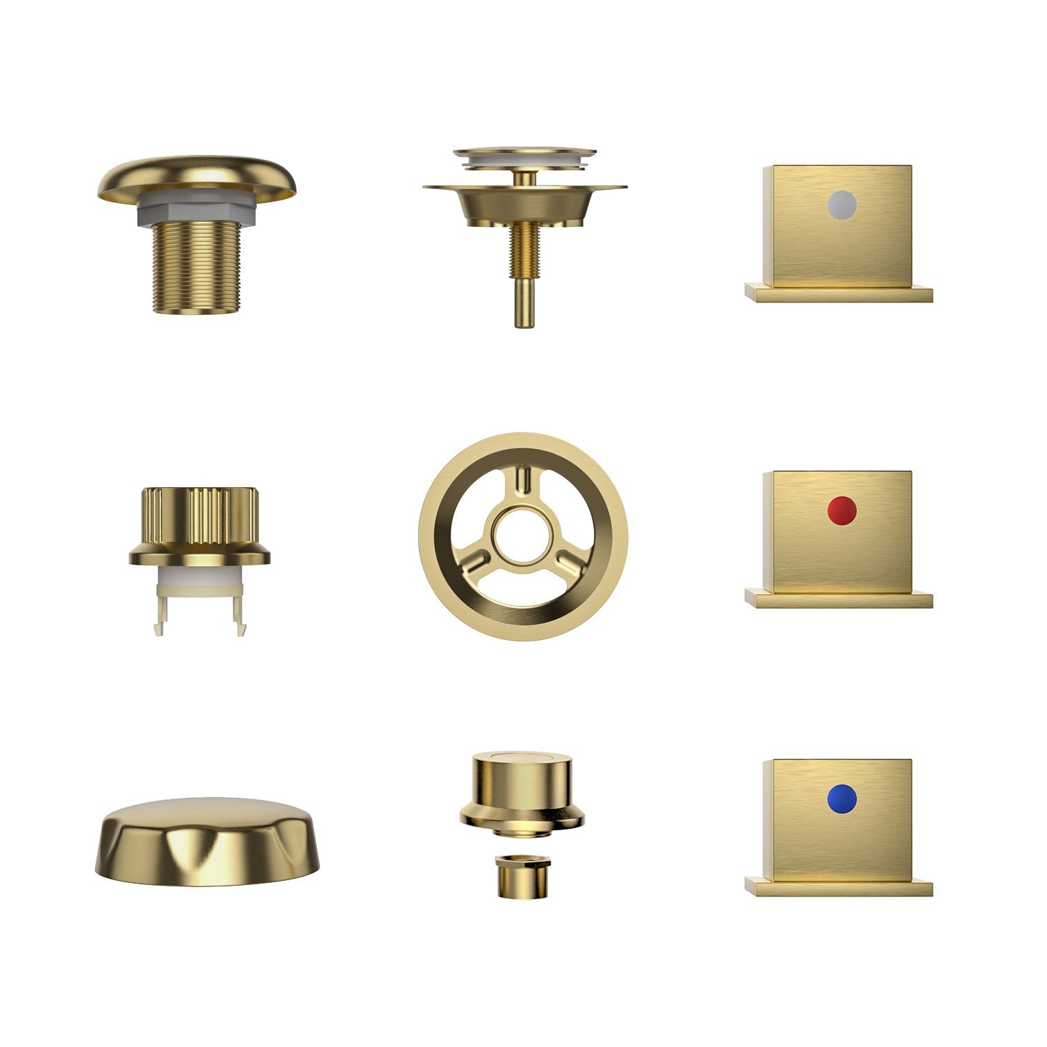 A selection of brass bathtub faucet fixtures by Empava, arranged in a grid pattern on a white background, featuring knobs, a drain plug, and square plates with red and blue indicators from the EMPV-59JT408LED Whirlpool Tub series.