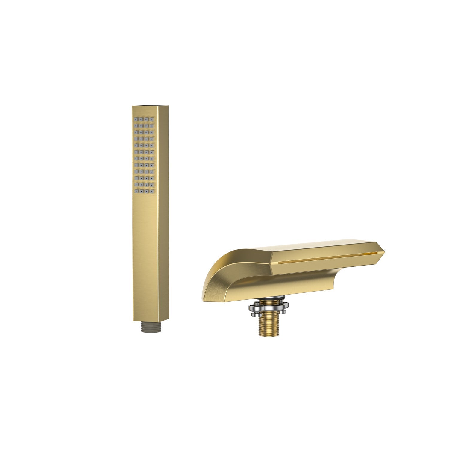 The Bathtub Faucet Fixtures for EMPV-59JT408LED Whirlpool Tub in brushed gold are displayed against a white background. The set includes a rectangular handheld showerhead with a grid of spray nozzles and a matching brushed gold spout with a curved design, attached to a short pipe fitting.