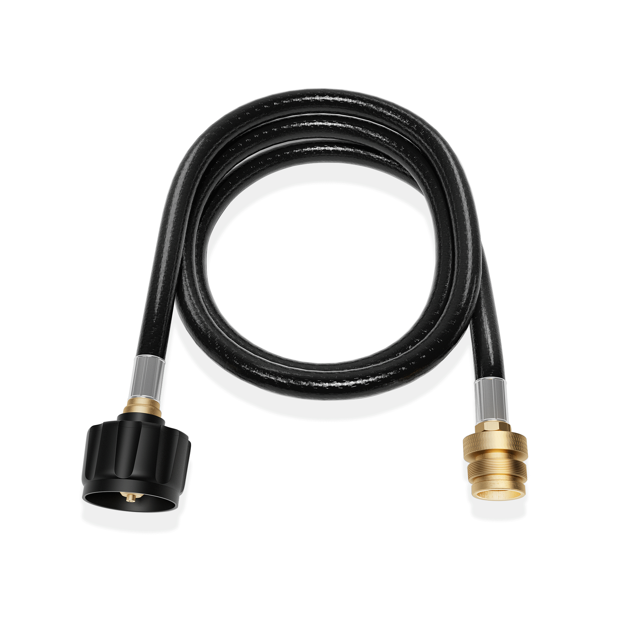 The Empava 5FT LP Gas Hose with Propane Adapter for BBQ, RV, and Camping Needs EMPV-50EH48 is a coiled black gas hose featuring metallic connectors on both ends. One end is equipped with a black plastic fitting, while the other end has a brass fitting. The hose is neatly arranged with both ends visible against a plain white background.