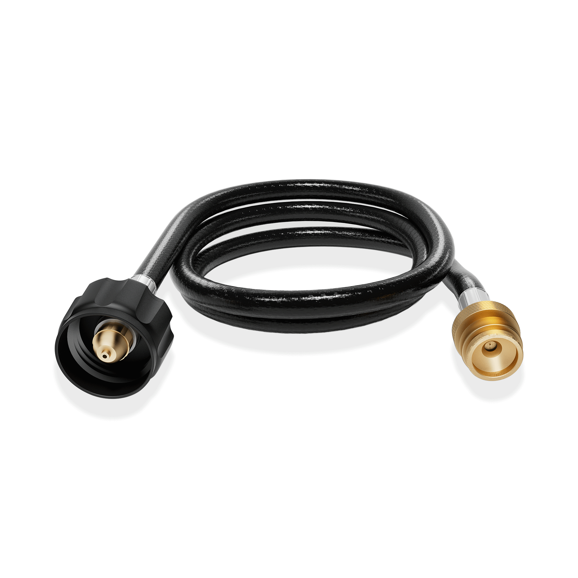 The Empava 5FT LP Gas Hose with Propane Adapter for BBQ, RV, and Camping Needs EMPV-50EH48 is a black flexible hose featuring two distinct connectors at each end. One connector is black and cylindrical, while the other is brass-colored with a ridged texture. The hose is coiled loosely on a white background.