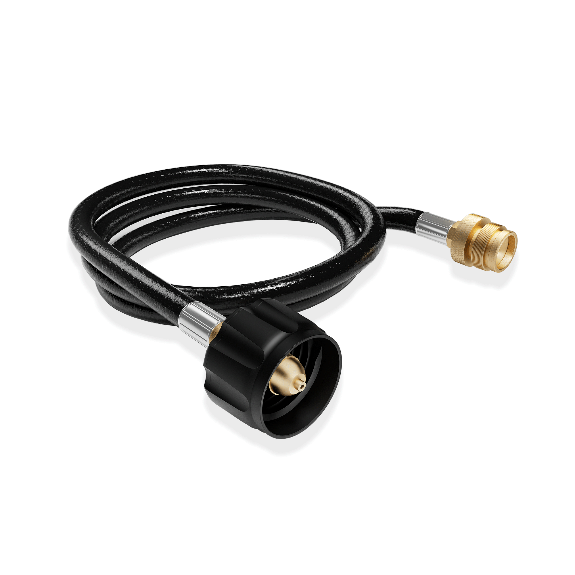 A black, coiled *Empava 5FT LP Gas Hose with Propane Adapter for BBQ, RV And Camping Needs (EMPV-50EH48)* featuring brass fittings on each end. The left end has a larger circular fitting, while the right end features a smaller threaded fitting. Ideal for connecting gas appliances, this hose is photographed against a clean white background.