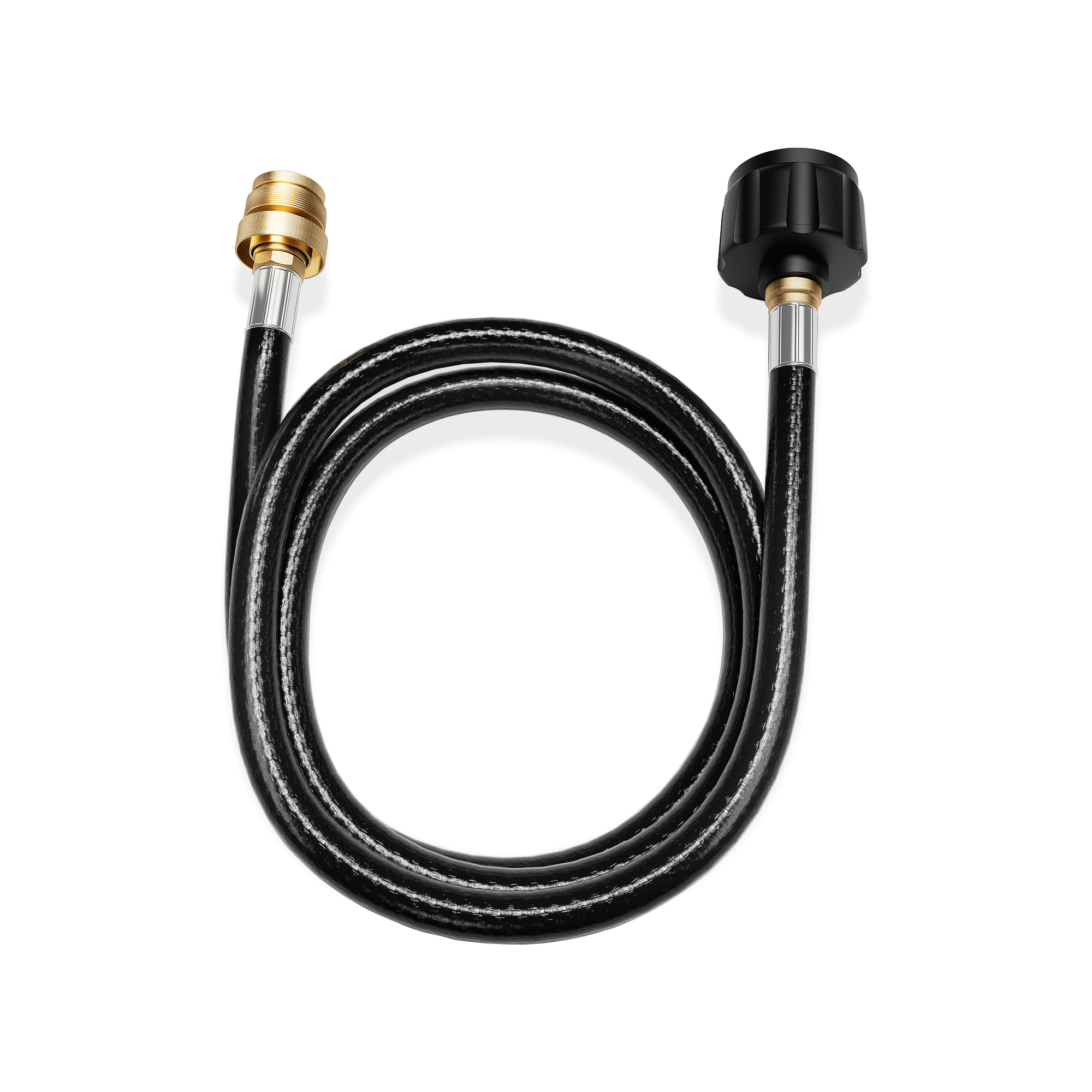 Introducing the Empava 5FT LP Gas Hose with Propane Adapter for BBQ, RV, and Camping Needs (Model: EMPV-50EH48). This coiled black hose features metallic connectors at both ends—one end equipped with a brass fitting and the other with a black plastic fitting. The hose boasts a shiny, sturdy appearance and is neatly arranged in a circular shape.