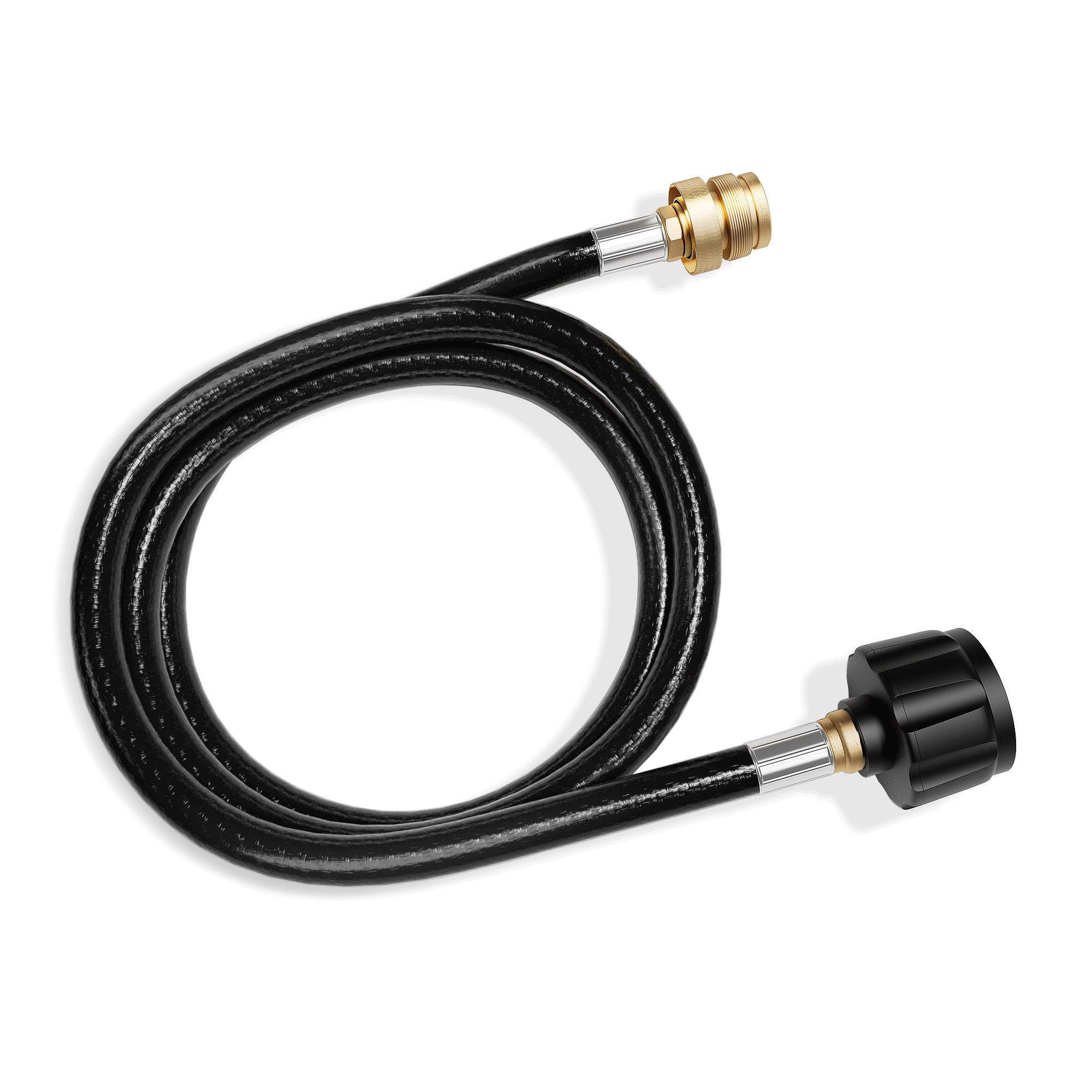 The Empava 5FT LP Gas Hose with Propane Adapter for BBQ, RV, and Camping Needs (EMPV-50EH48) is a black, flexible hose featuring brass fittings on both ends—one larger and one smaller. The hose is coiled in a loop with shadows indicating it is laid on a white surface.