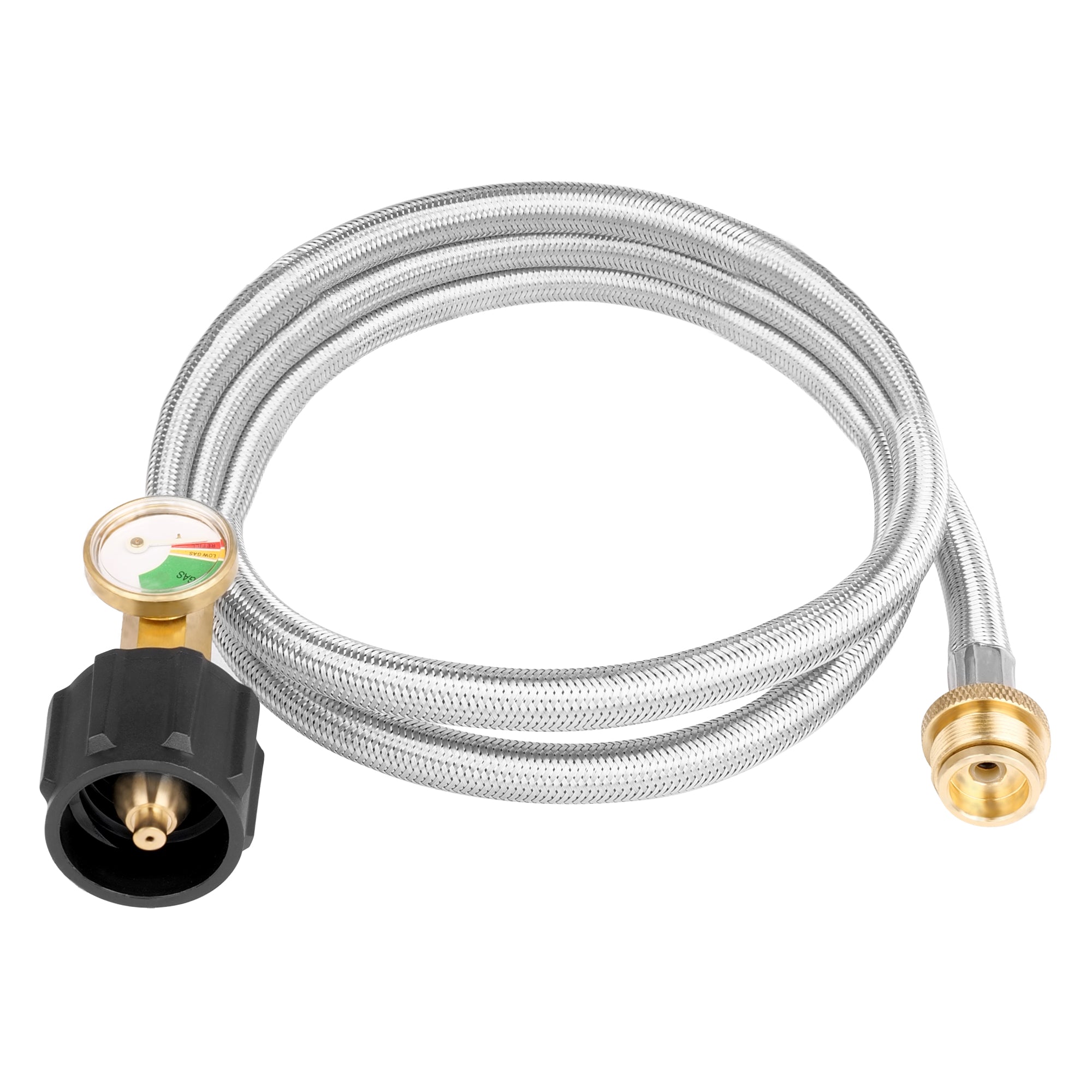 The Empava 5 FT Stainless Braided Propane Hose EMPV-50EH41 includes brass fittings on both ends. One end is equipped with a pressure gauge featuring a black plastic knob and displays red and green sections. The hose is coiled and ready for use.