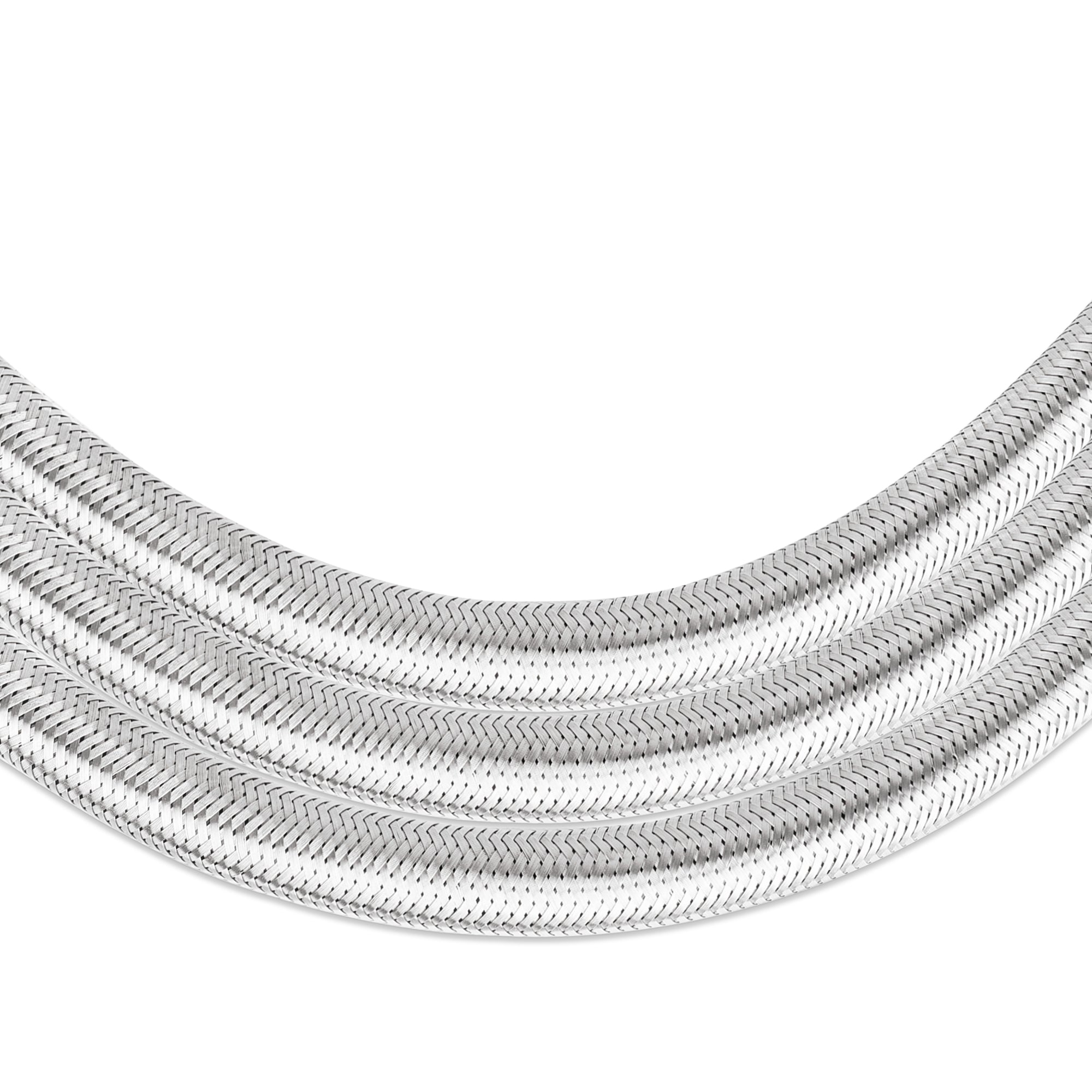 A close-up view of three parallel Empava 5 FT Stainless Braided Propane Hoses EMPV-50EH41, showcasing their intricate herringbone weave pattern. The background is white, emphasizing the shiny and detailed texture of the hoses. The hoses gently curve towards the bottom of the image.