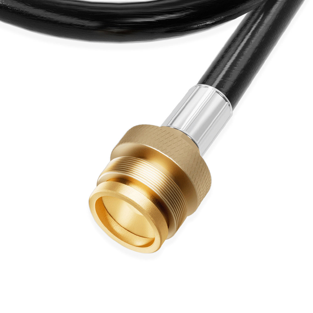 Close-up view of the Empava 5 Feet Propane Adapter Hose 1 lb to 20 lb with Upgraded Gauge EMPV-50EH47. The gold-colored threaded connector, which includes a knurled grip for easy handling, is attached to the black cable that extends from the connector.