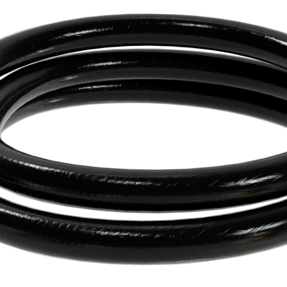 Image of the Empava 5 Feet Propane Adapter Hose 1 lb to 20 lb with Upgraded Gauge EMPV-50EH47. The hose has a smooth, shiny black surface and is coiled neatly, showcasing its flexibility and durability. The glossy finish stands out against a plain white background, allowing the product to be highlighted clearly.