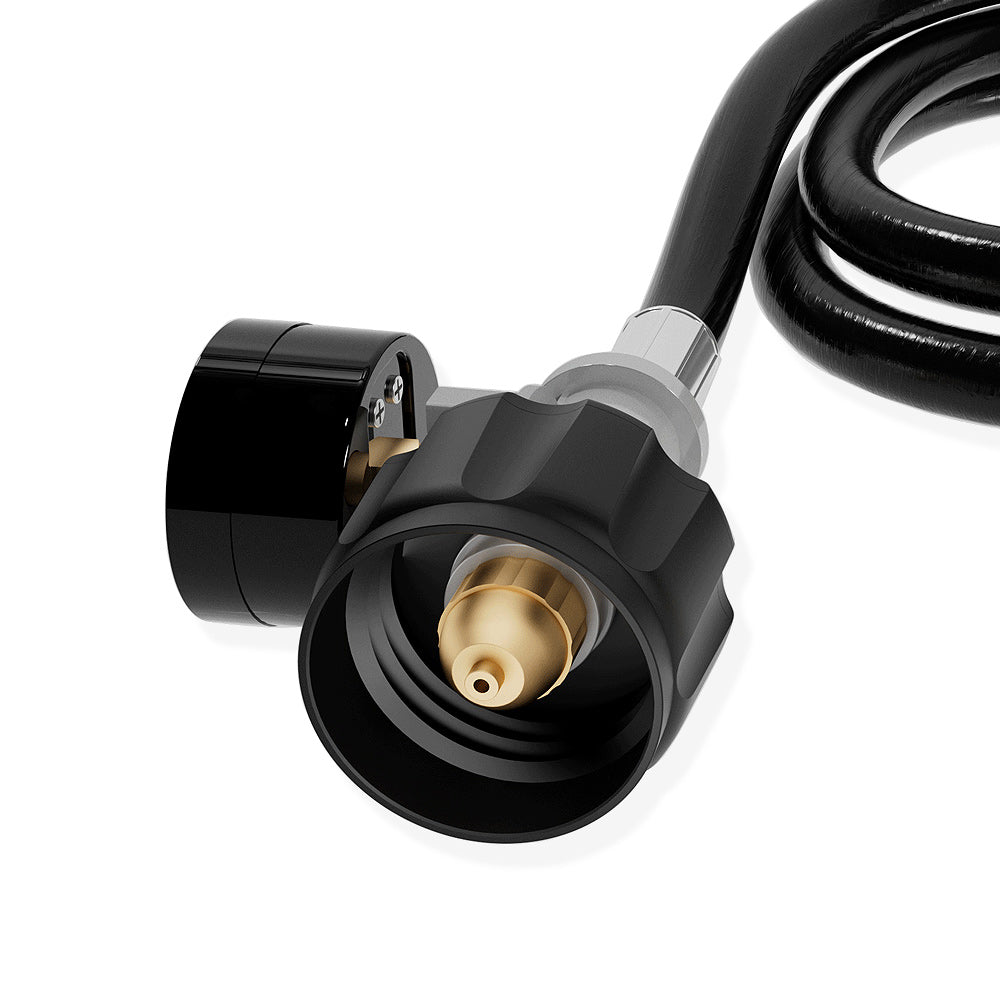 Close-up image of the end of an Empava 5 Feet Propane Adapter Hose 1 lb to 20 lb with Upgraded Gauge EMPV-50EH47, featuring a fitting connector. The connector includes a brass nozzle inside a black plastic hand-tightening knob, with the slightly coiled hose visible in the background.