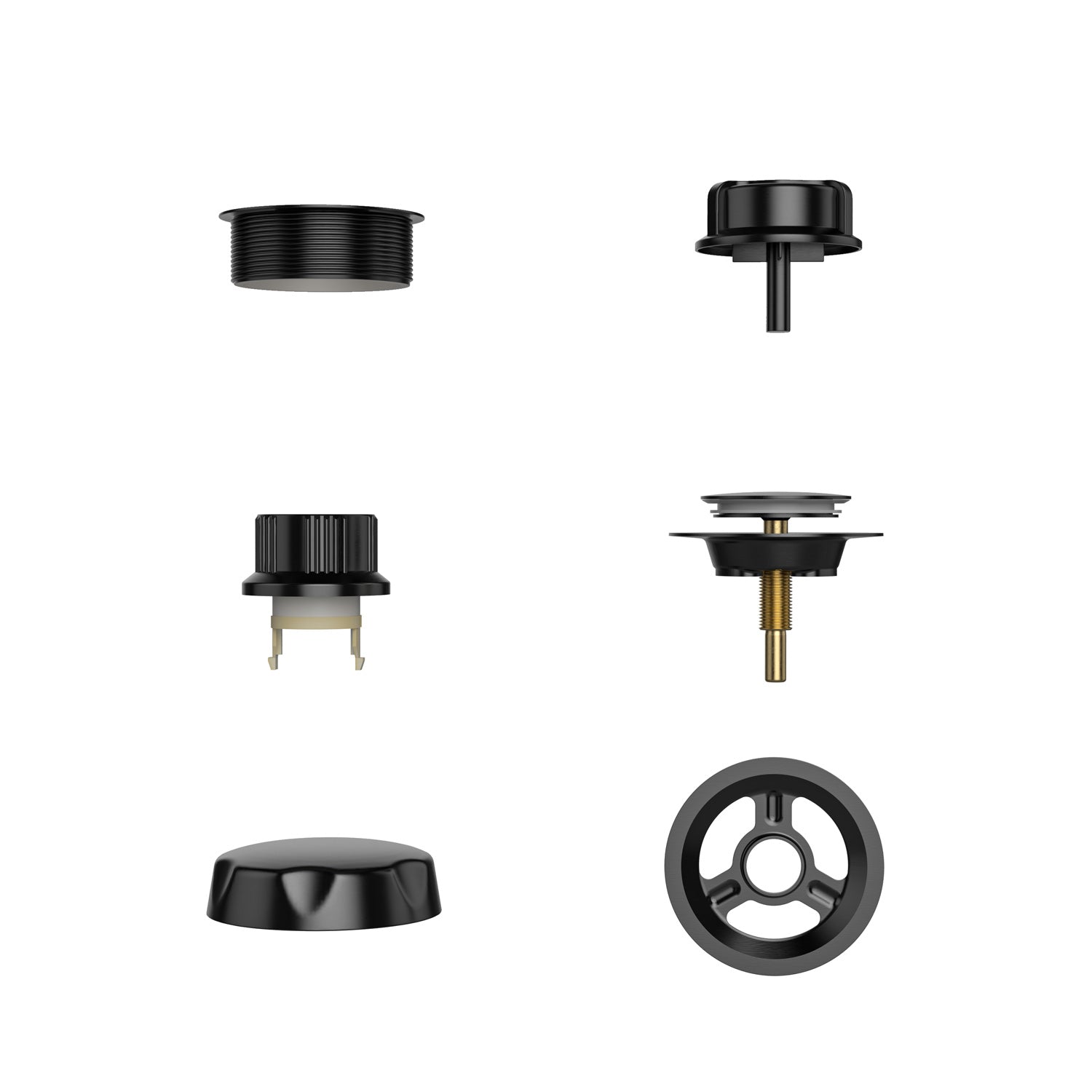 A 3x2 grid of black plastic hardware pieces, including a combination of knobs, fasteners, and possible electronic components. These Bathtub Faucet Fixtures For EMPV-67JT351LED Whirlpool Waterfall Tub feature a variety of sizes and designs with rounded and cylindrical shapes, some incorporating metallic elements and pins.