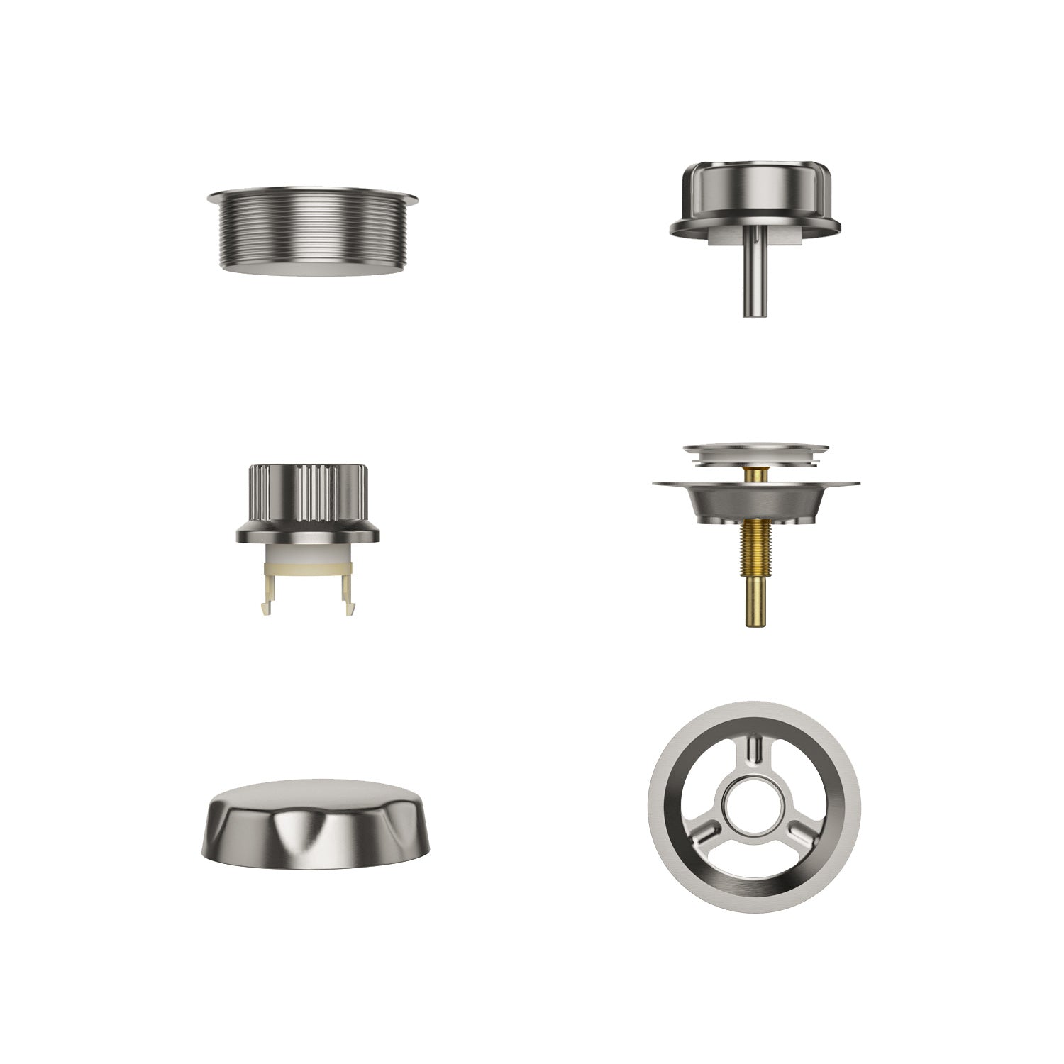 A vertically aligned set of six stainless steel hardware pieces on a white background, including a threaded insert, a push button, a rotary switch, a fastener, a dome cap, and an EMPV-67JT351LED Whirlpool Waterfall Tub circular mounting bracket from the Bathtub Faucet Fixtures for Empava collection.