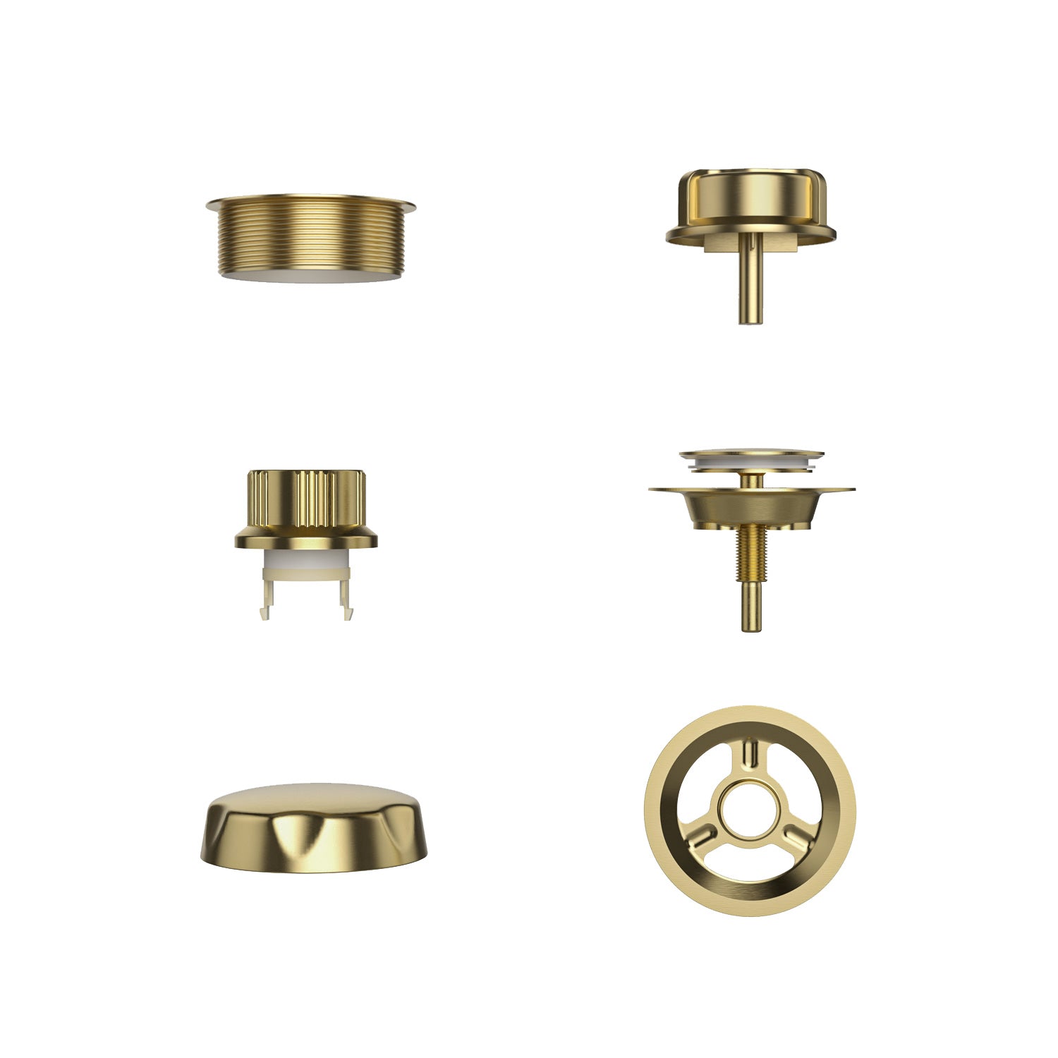 A collection of six golden-colored mechanical components for the Bathtub Faucet Fixtures For EMPV-67JT351LED Whirlpool Waterfall Tub, arranged in two columns of three, showcases the beautifully designed parts from Empava. The components vary in shape and design, including cylindrical, circular, and gear-like forms. They appear to be parts of a complex machinery or device.